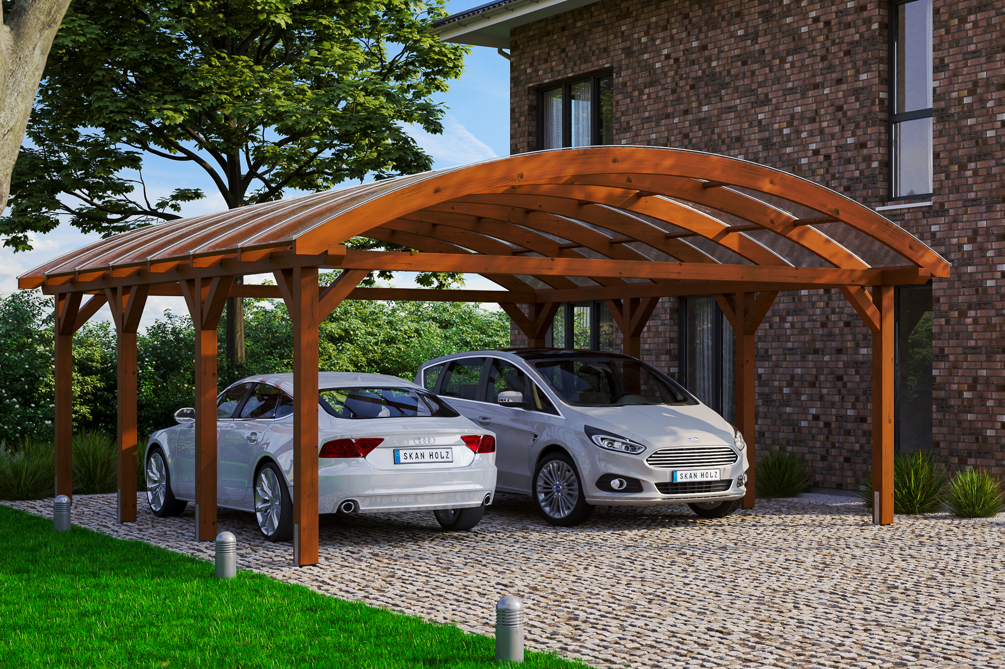 Ambientebild: Carport Franken 635 x 755 cm, farblich behandelt in nussbaum