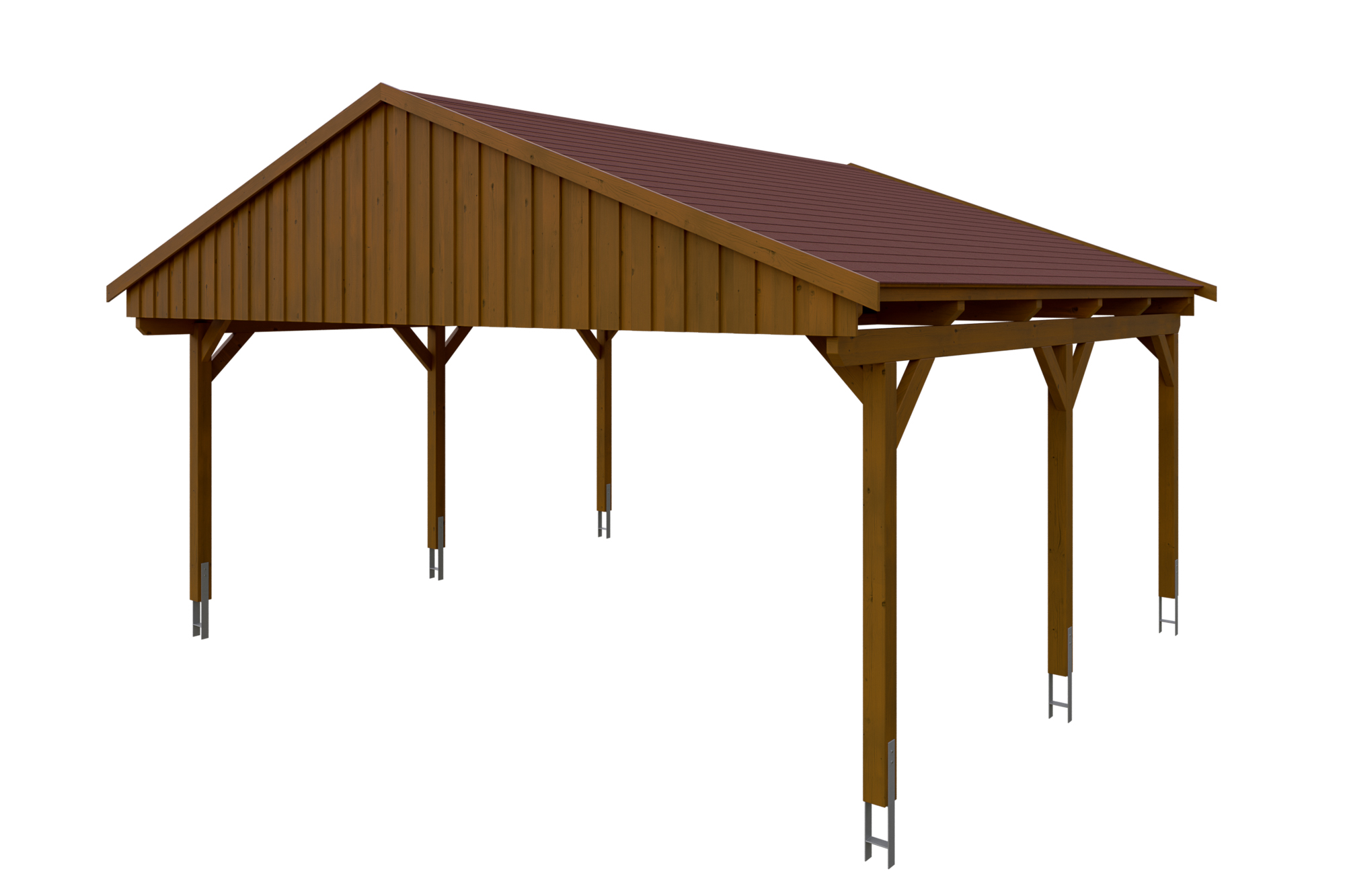 Carport Fichtelberg 618 x 566 cm, rode dakshingels, gelakt in noten