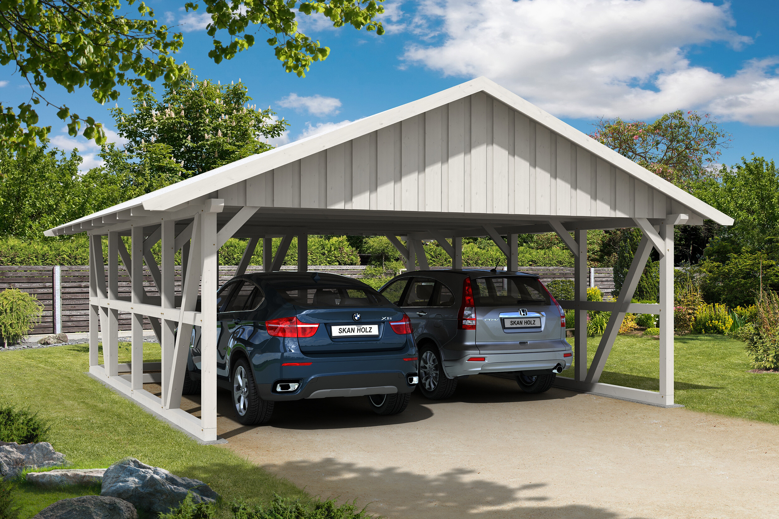 Carport Schwarzwald 684 x 772 cm mit Abstellraum 1, weiß, mit Dachschalung