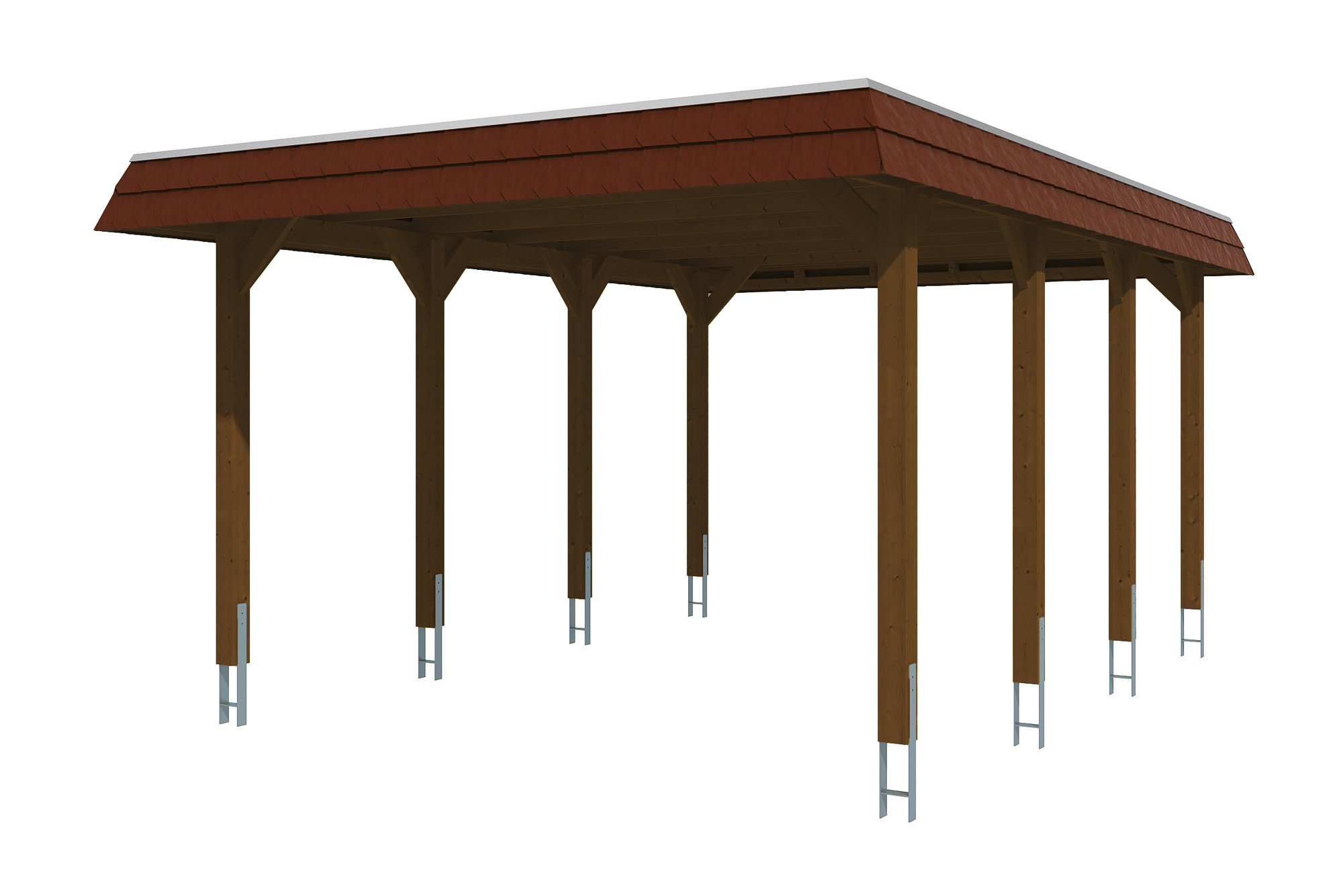 Produktbild: Carport Spreewald 396 x 589 cm mit roter Blende, farblich behandelt in nussbaum