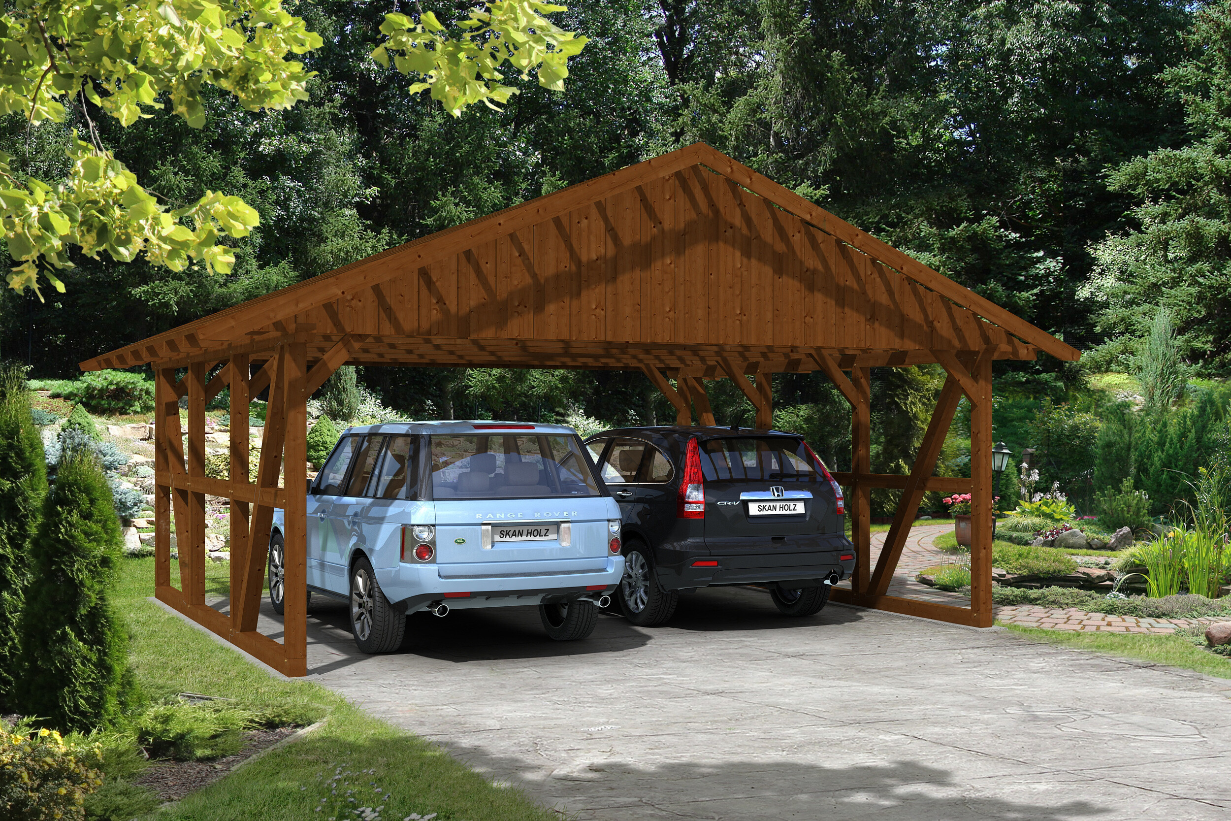 Carport Schwarzwald 684 x 600 cm met daklatten, gelakt in noten