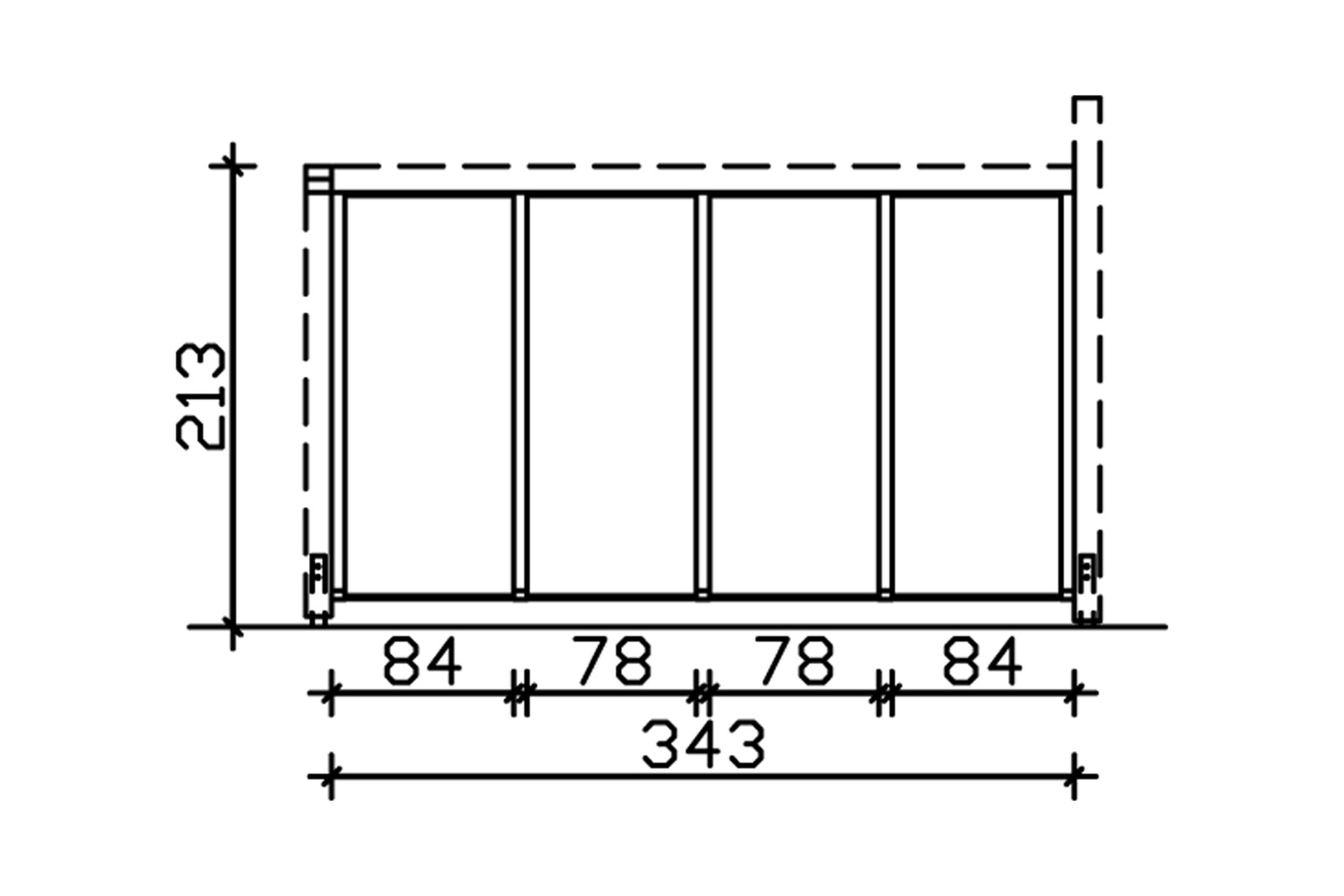 Sidewall with polycarbonate 343 x 200 cm, free standing, spruce, colour pre-treated in white