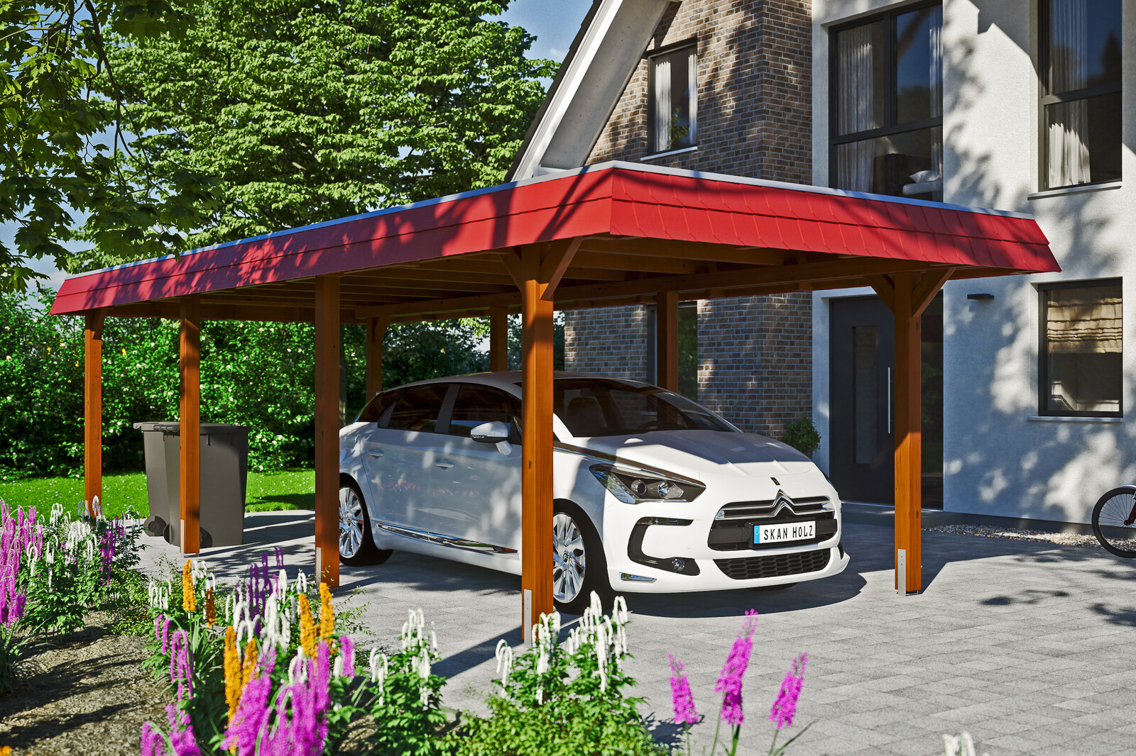 Carport Wendland 362 x 870 cm mit EPDM-Dach, rote Blende, nussbaum