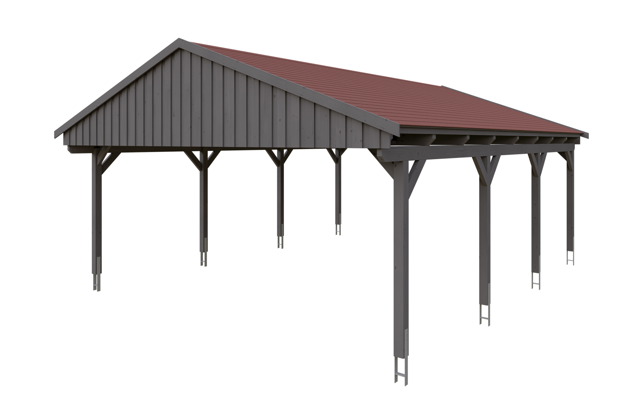 Produktbild: Carport Fichtelberg 618 x 808 cm, farblich behandelt in schiefergrau, mit roten Dachschindeln