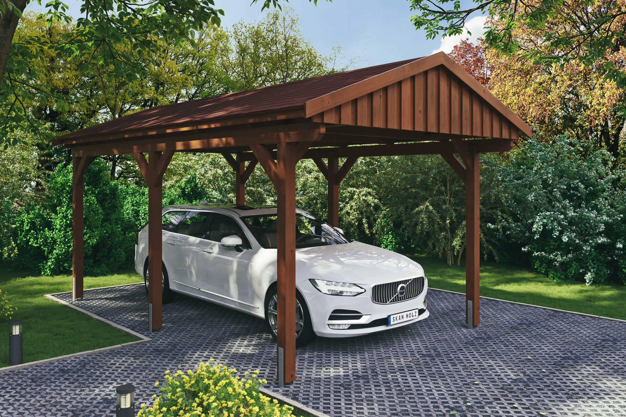 Ambientebild: Carport Fichtelberg 317 x 566 cm, farblich behandelt in nussbaum, mit roten Dachschindeln