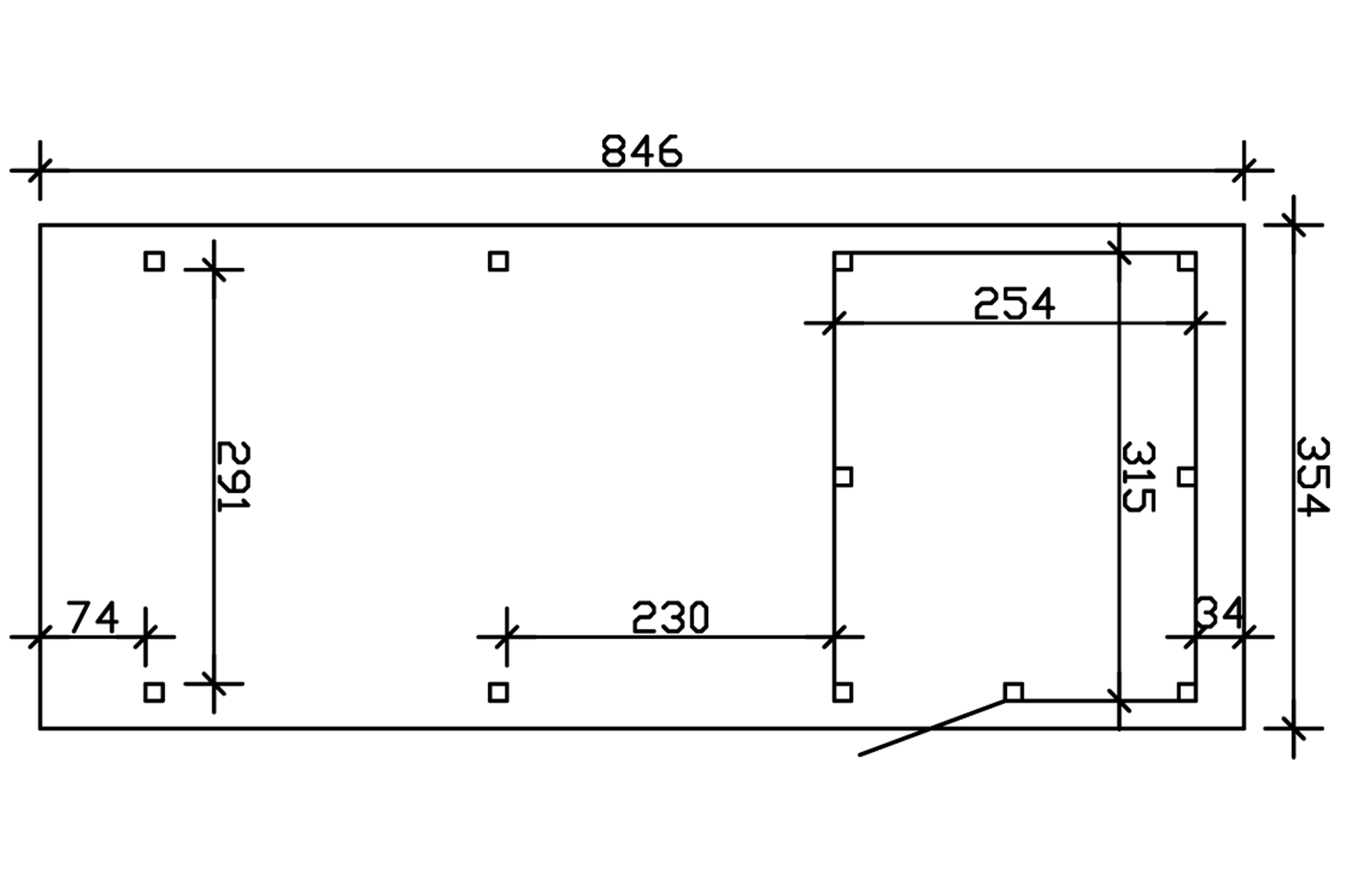 Grafik (Grundriss): Carport Emsland 354 x 846 cm mit Abstellraum
