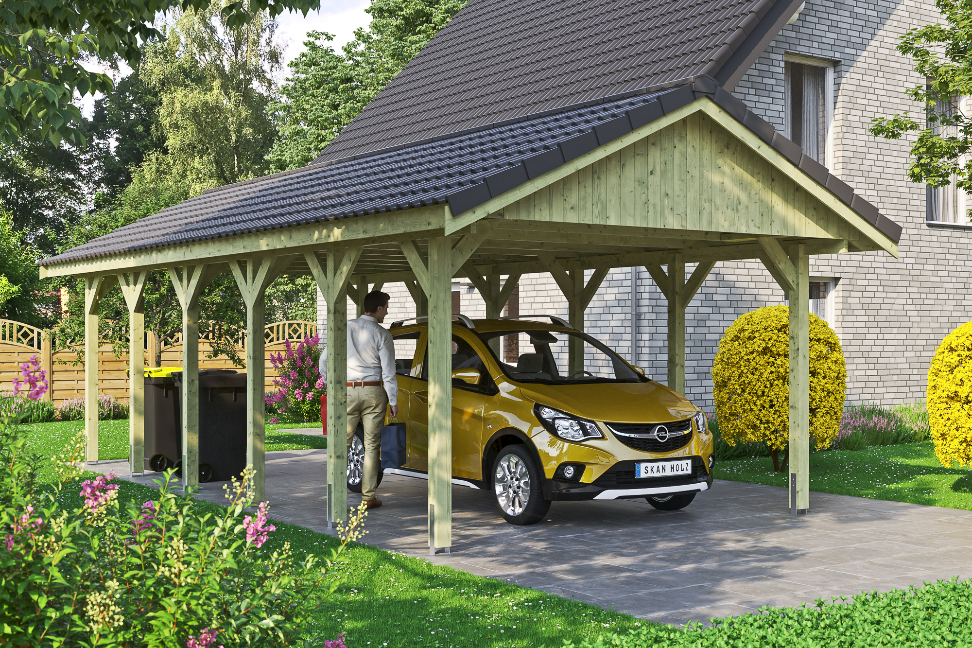 Ambientebild: Carport Wallgau 430 x 900 cm, mit Dachziegeln, grün imprägniert 