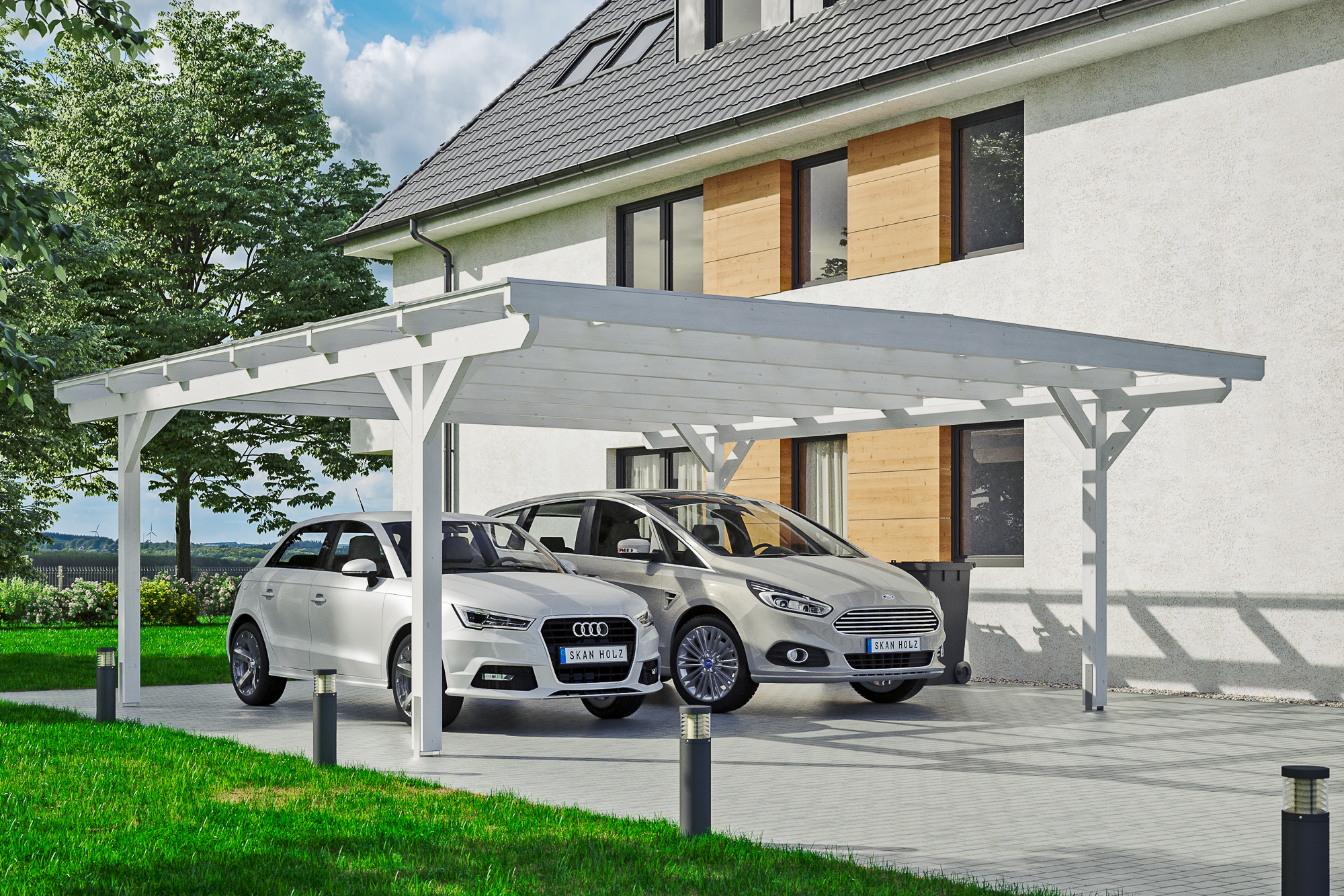 Ambientebild: Carport Odenwald 640 x 648 cm, farblich behandelt in weiß