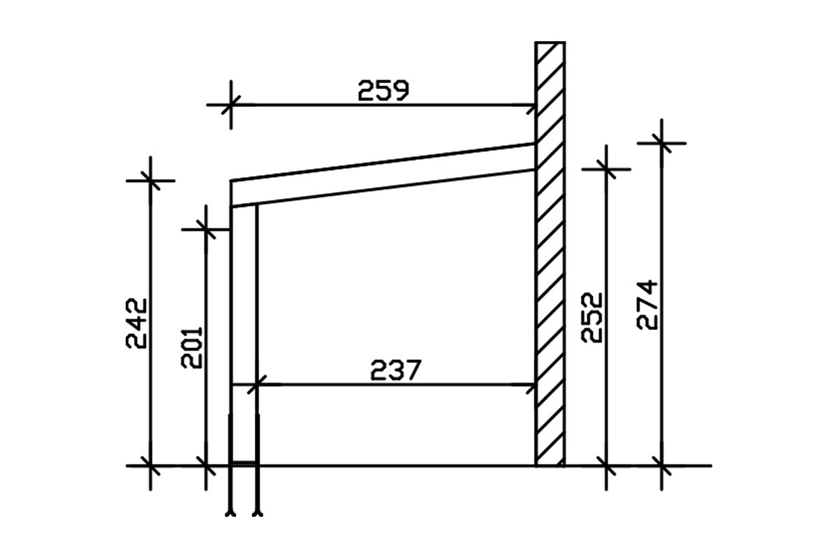 Grafik (Schnitt): Terrassenüberdachung Novara, Tiefe 259 cm