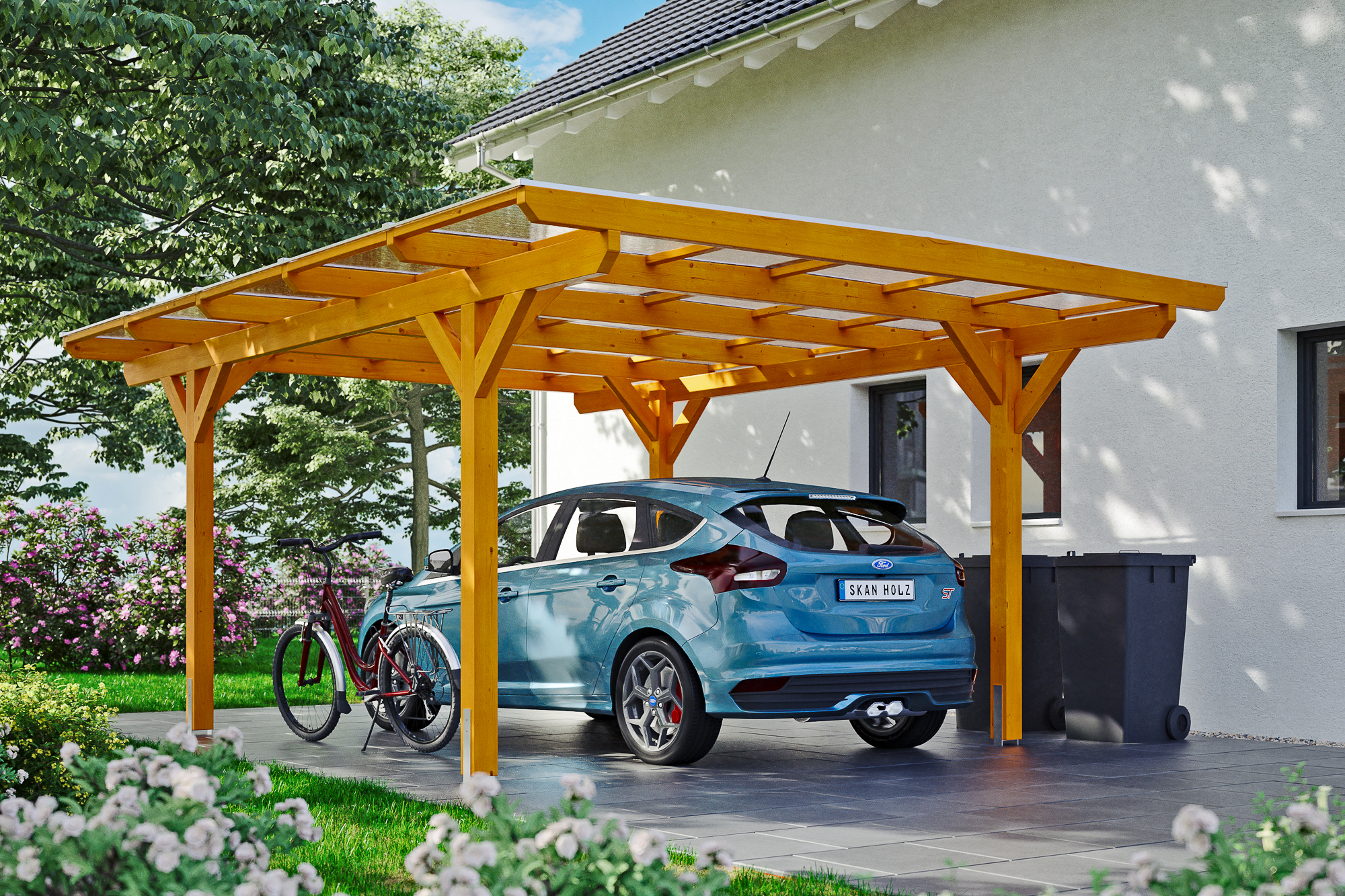 Ambientebild: Carport Odenwald 428 x 541 cm, farblich behandelt in eiche hell