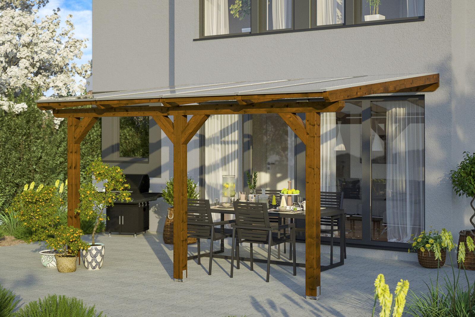 Terrasoverkapping Bormio 434 x 250 cm, gelamineerd hout, gelakt in noten