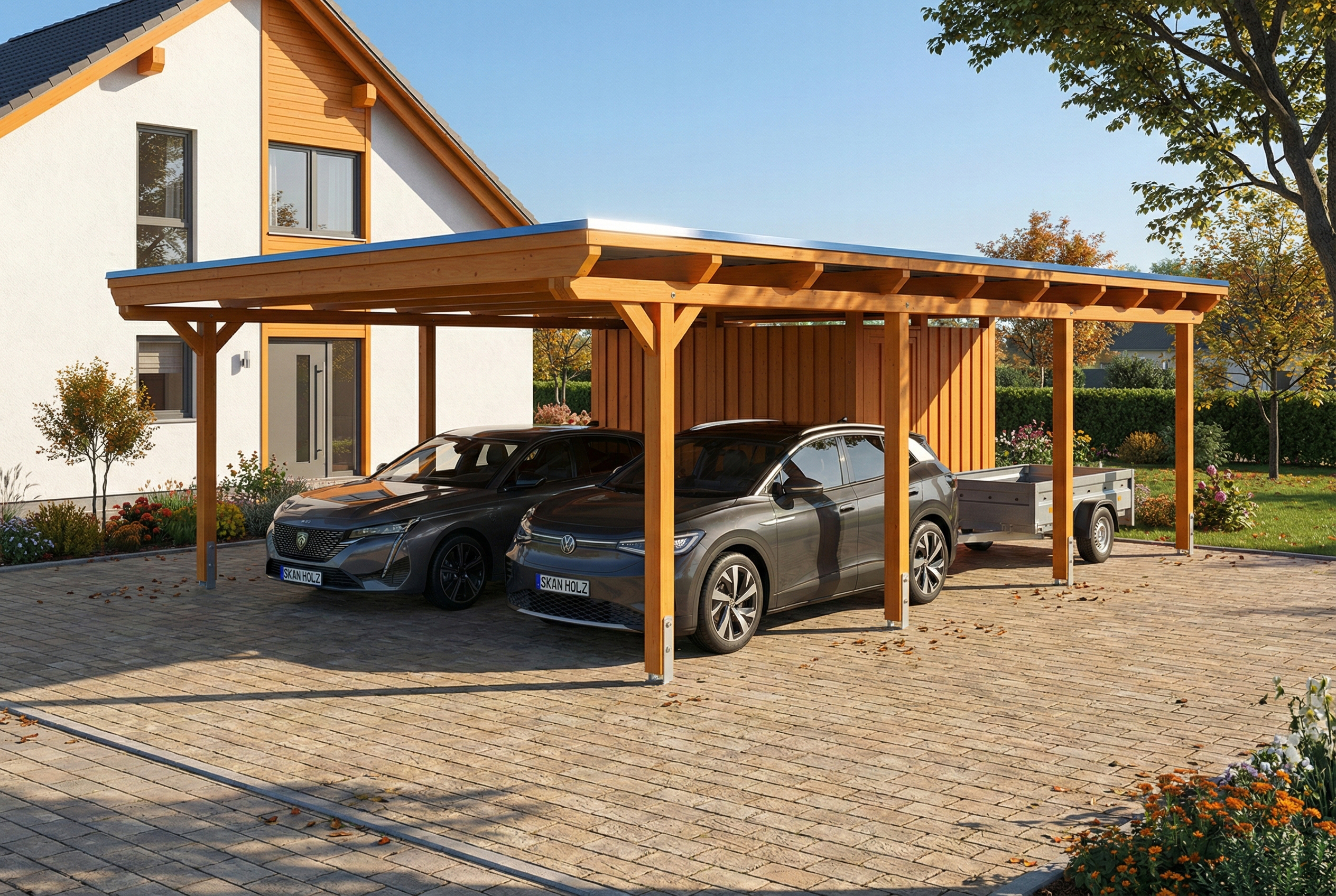 Carport Emsland 609 x 846 cm, Stahl-Dachplatten mit Antikondensvlies, mit Abstellraum, eiche hell