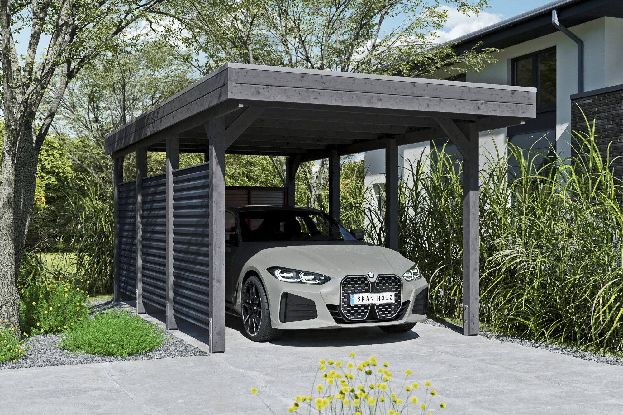 Carport Friesland Hybrid Set 11, 314x555cm with back and side walls, colour pre-treated slate-grey