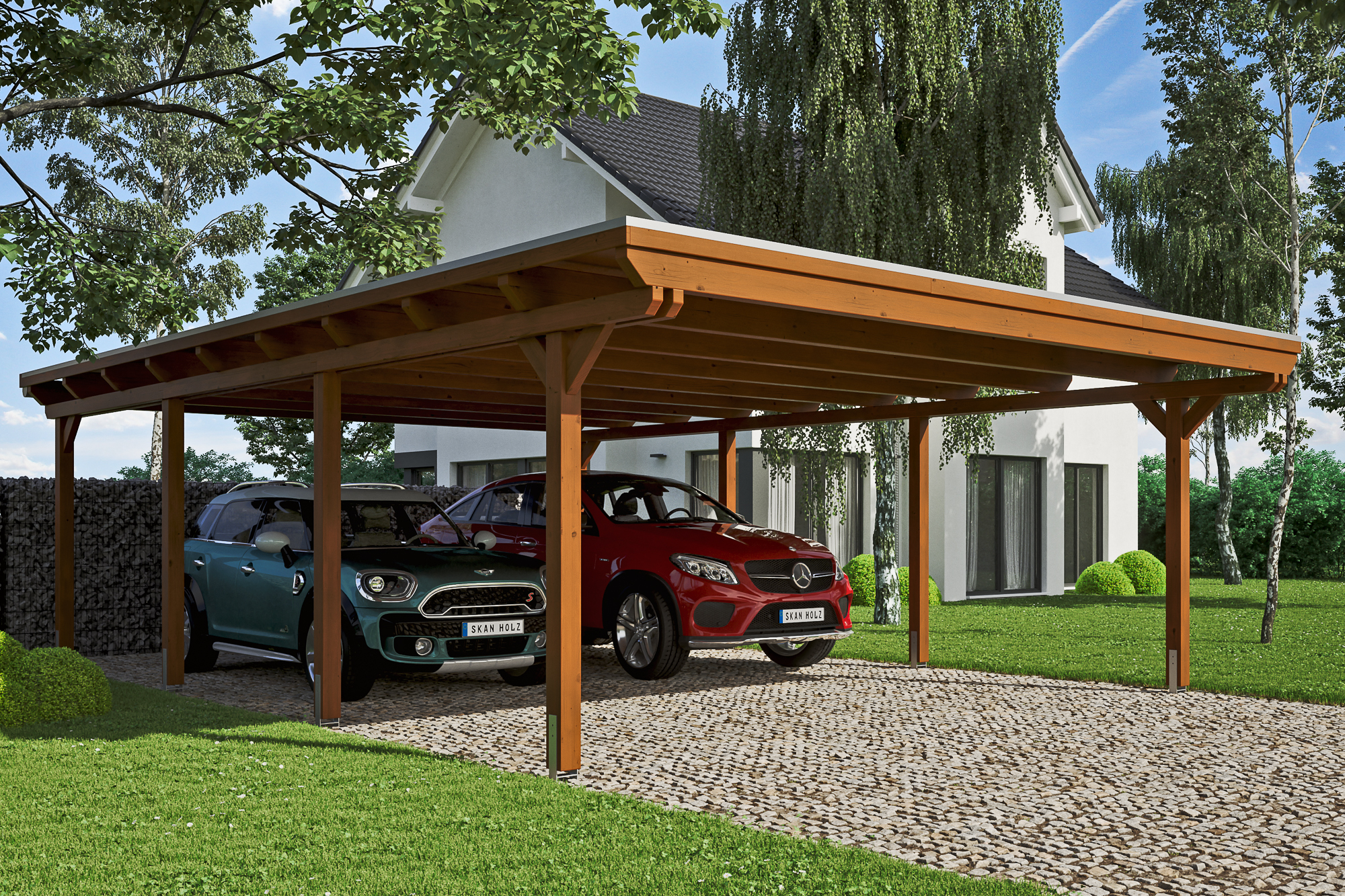 Carport Emsland 613 x 846 cm, gelakt in noten, met Aluminium dakplaten