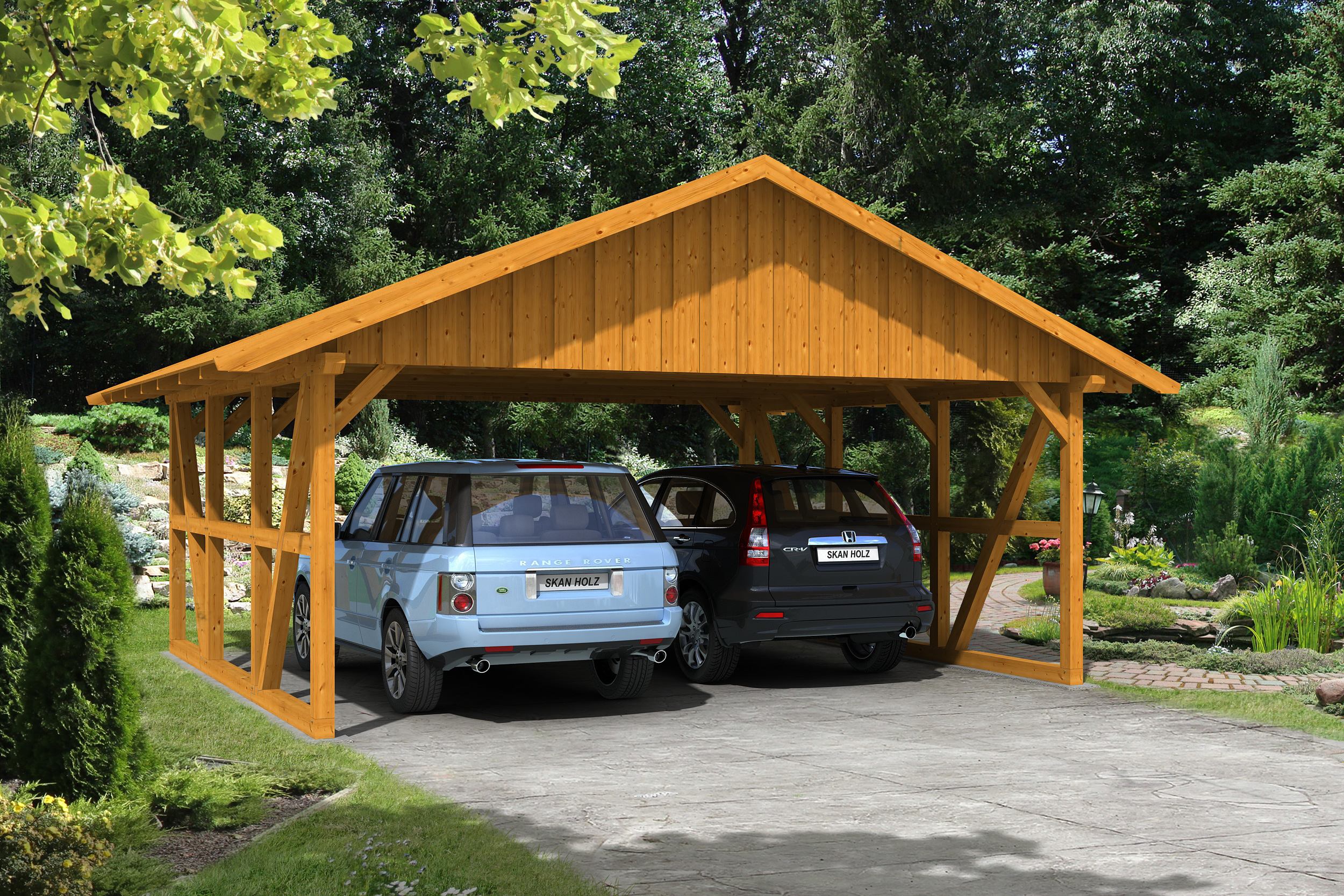 Carport SCHWARZWALD 684x600cm avec planches de toit, KVH-bois d'épinette, traitement coloré chêne clair