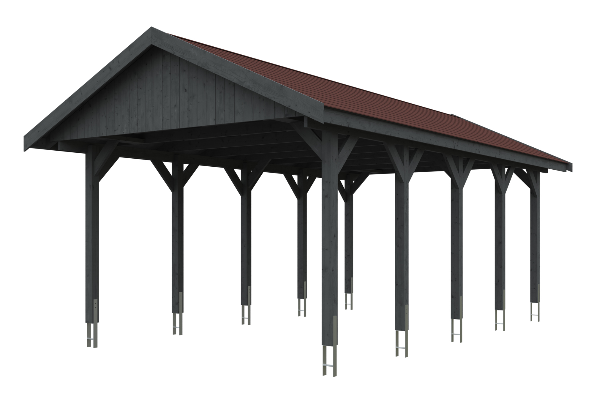 Produktbild: Carport Wallgau 430 x 750 cm, mit roten Dachschindeln, farblich behandelt in schiefergrau