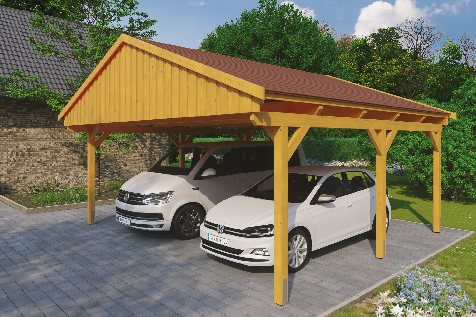 Ambientebild: Carport Fichtelberg 618 x 566 cm, farblich behandelt in eiche hell, mit roten Dachschindeln