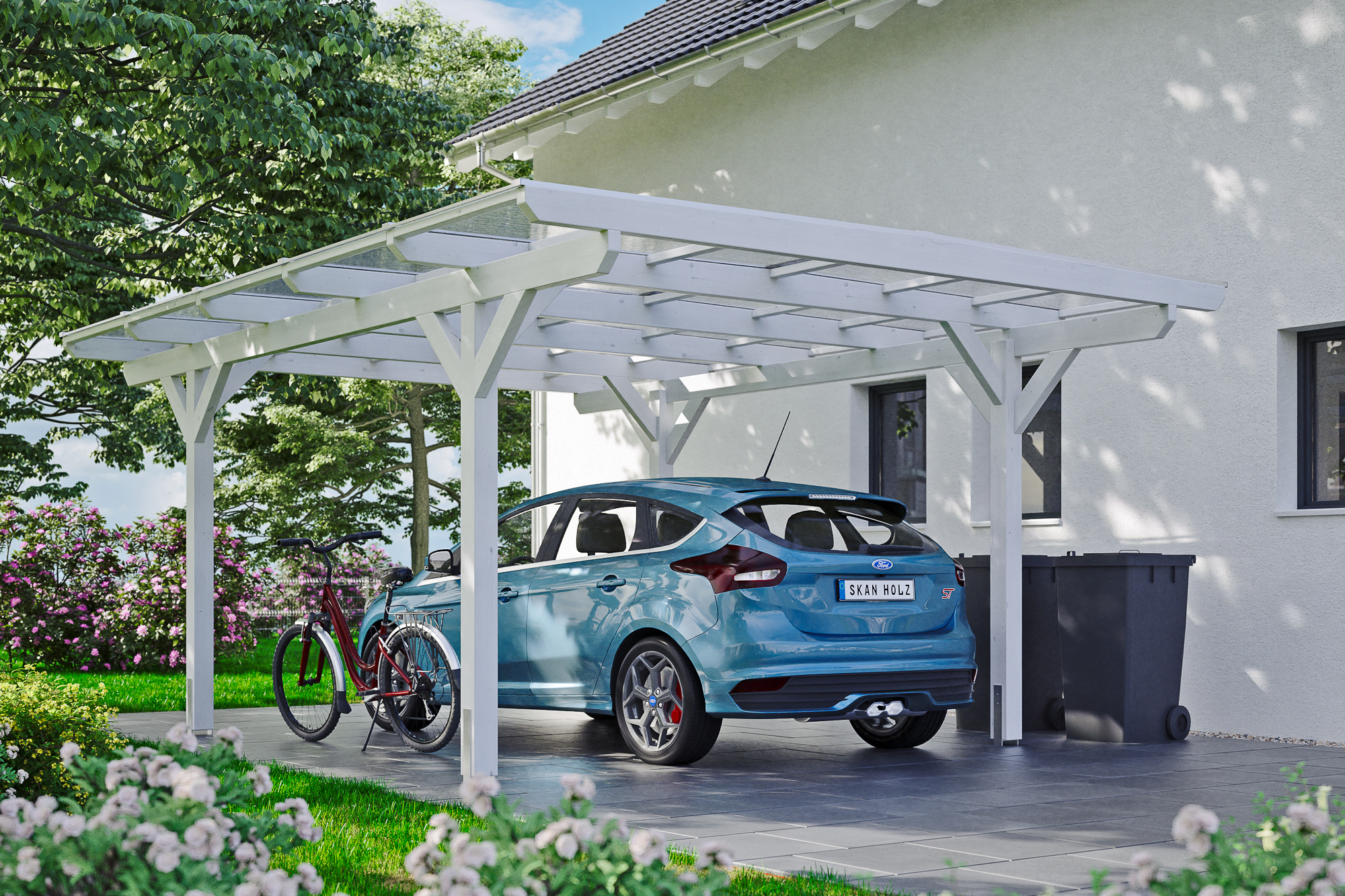 Ambientebild: Carport Odenwald 428 x 541 cm, farblich behandelt in weiß
