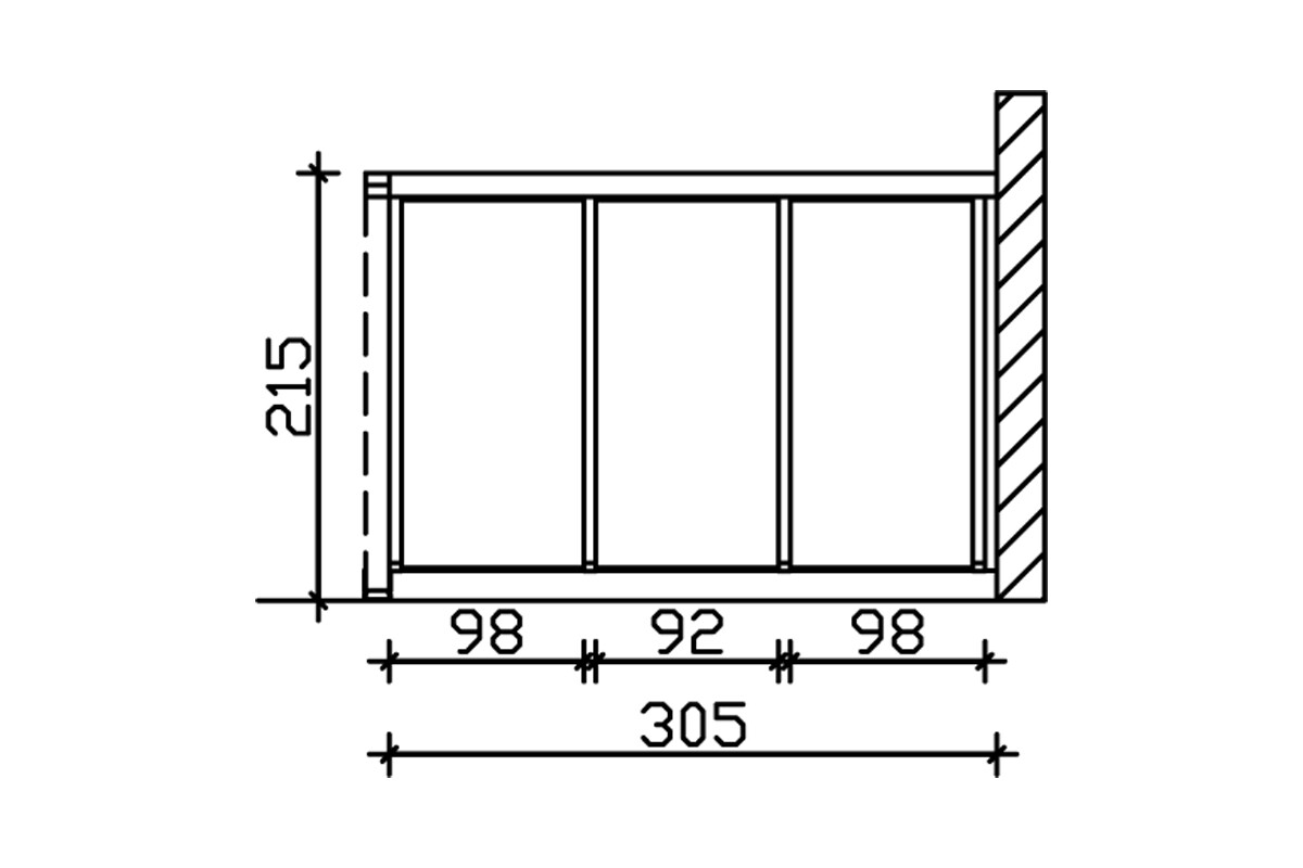 Zijwand van polycarbonaat 305 x 200 cm, voor terrasoverkapping met wandaanbouw, sparrenhout, gelakt in noten