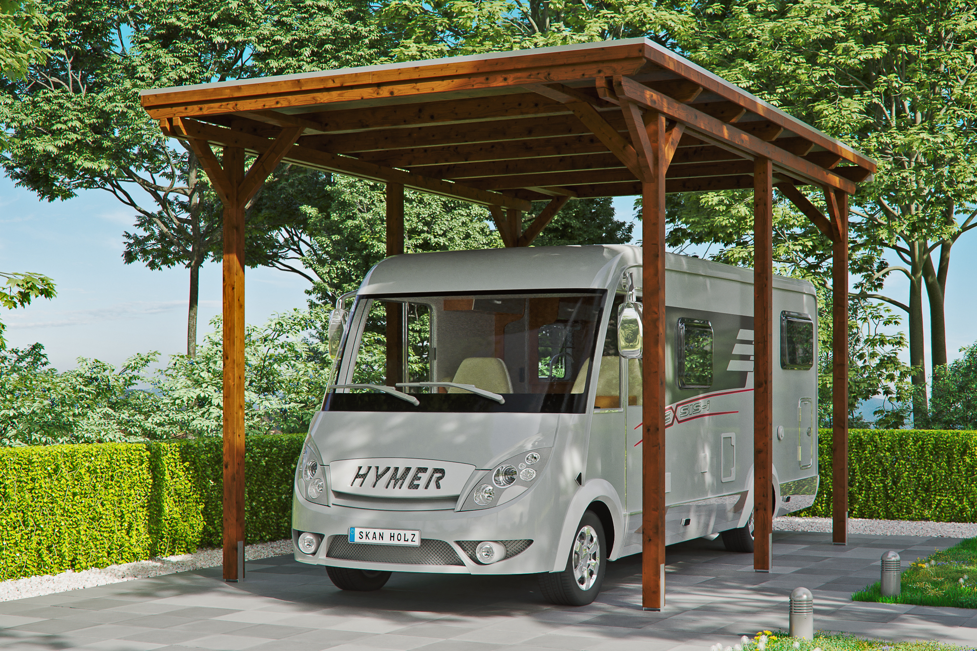 Ambientebild: Carport Emsland Caravan 404 x 604 cm, farblich behandelt in nussbaum