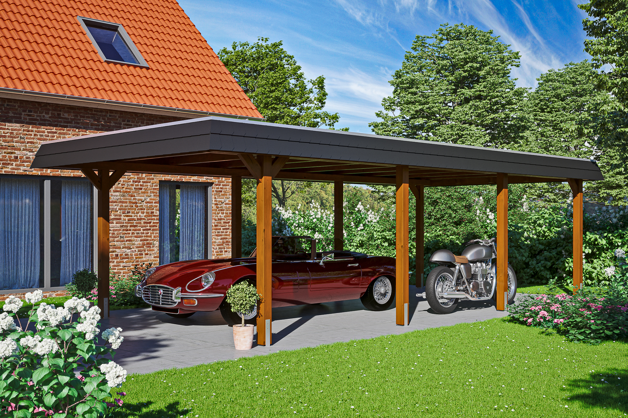 Ambientebild: Carport Wendland 409 x 870 cm, mit schwarzer Blende, farblich behandelt in nussbaum