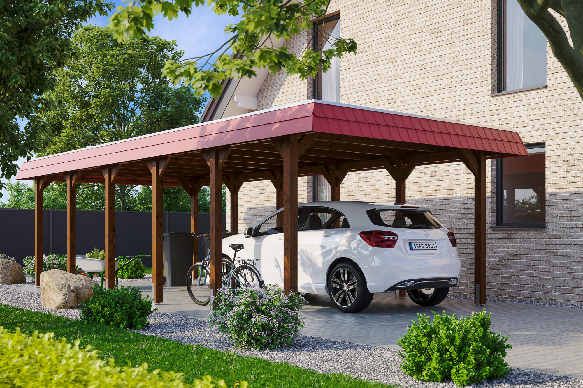 Carport SPREEWALD 396x893cm, toit en aluminium, bandeau rouge, bois résineux imprégné, traitement coloré noyer