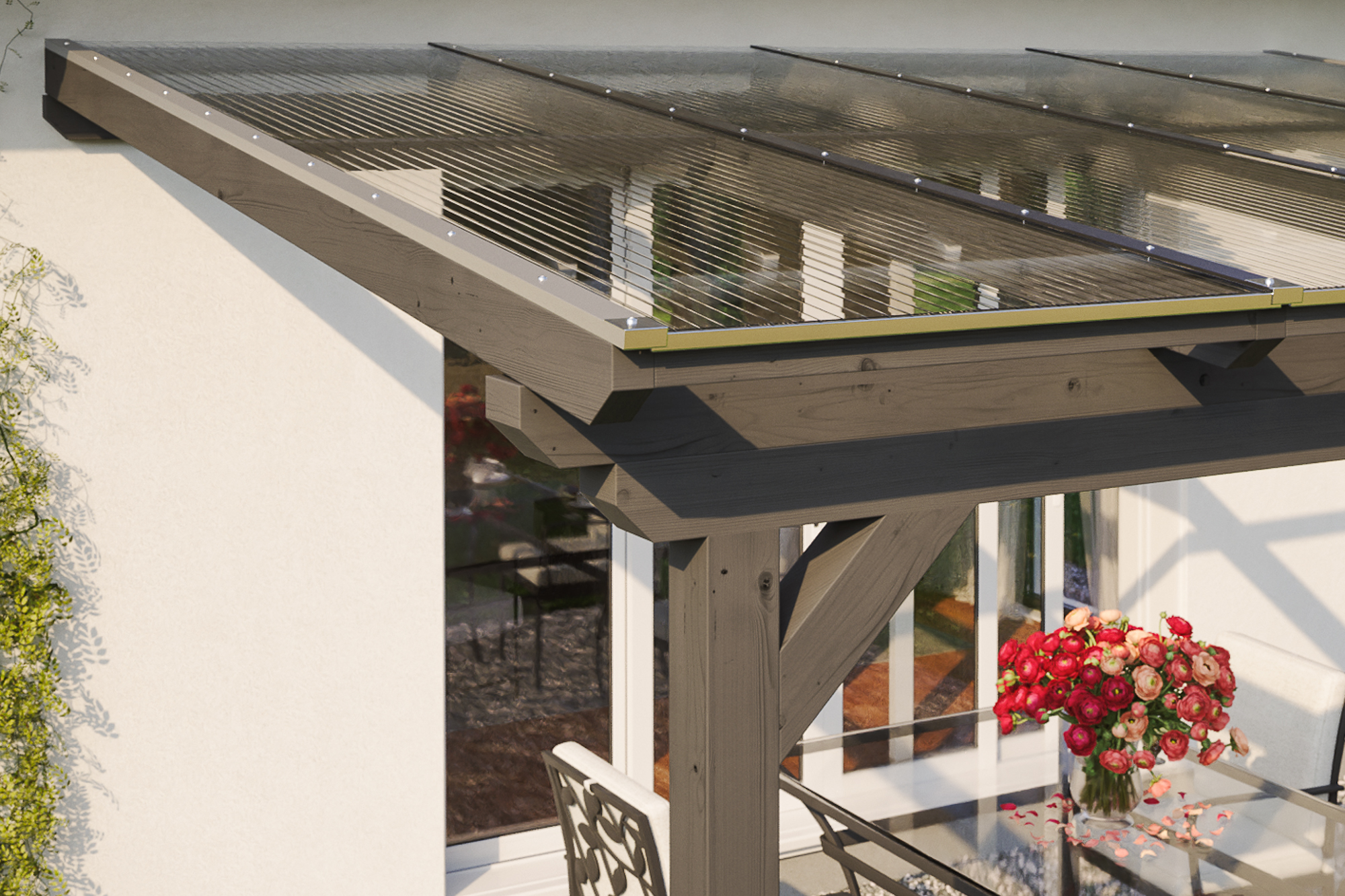 Detailbild einer Terrassenüberdachung Ancona farblich behandelt in schiefergrau mit Blick seitlich auf das Dach