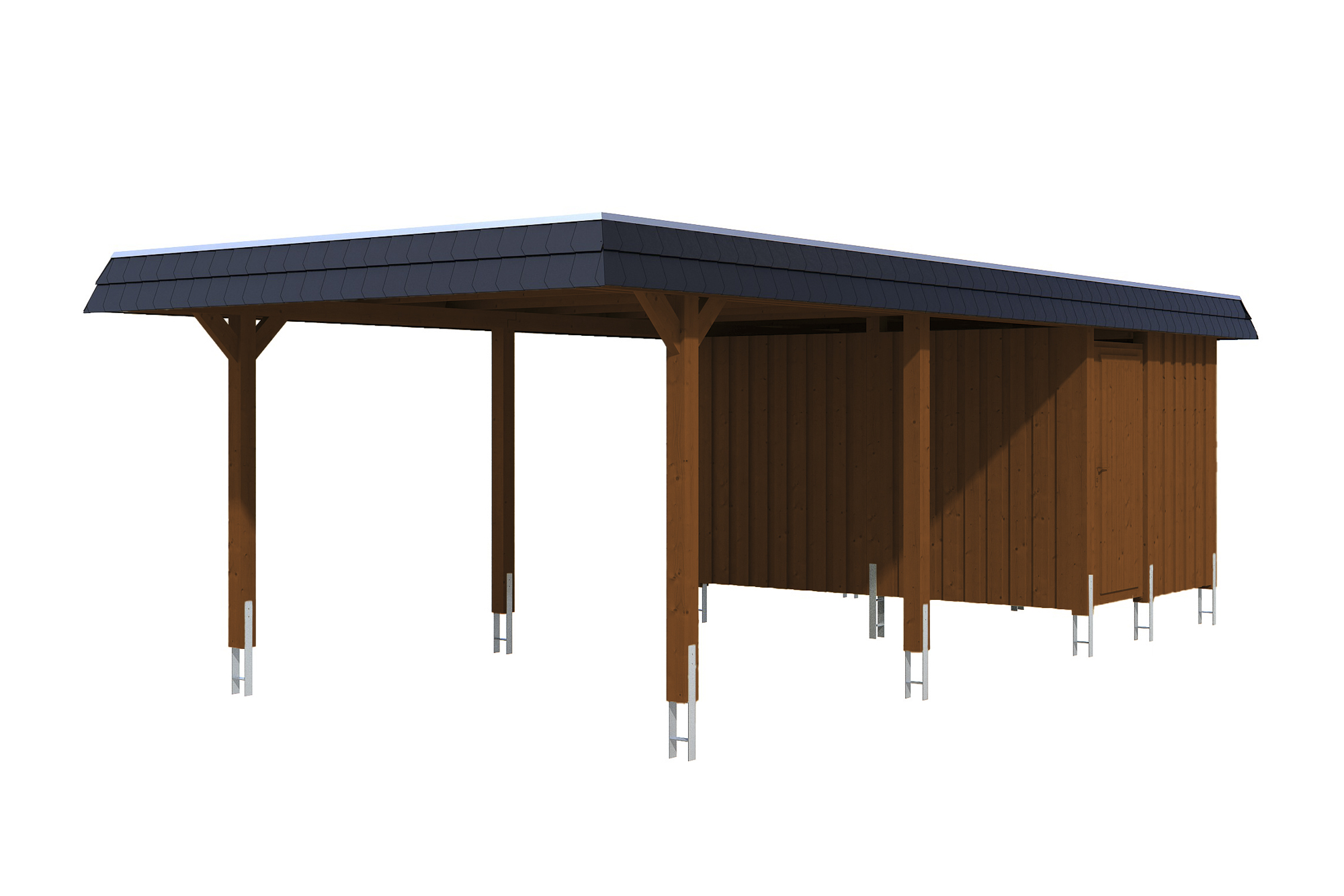 Produktbild: Carport Wendland 409 x 870 cm, mit Abstellraum, mit schwarzer Blende, farblich behandelt in nussbaum
