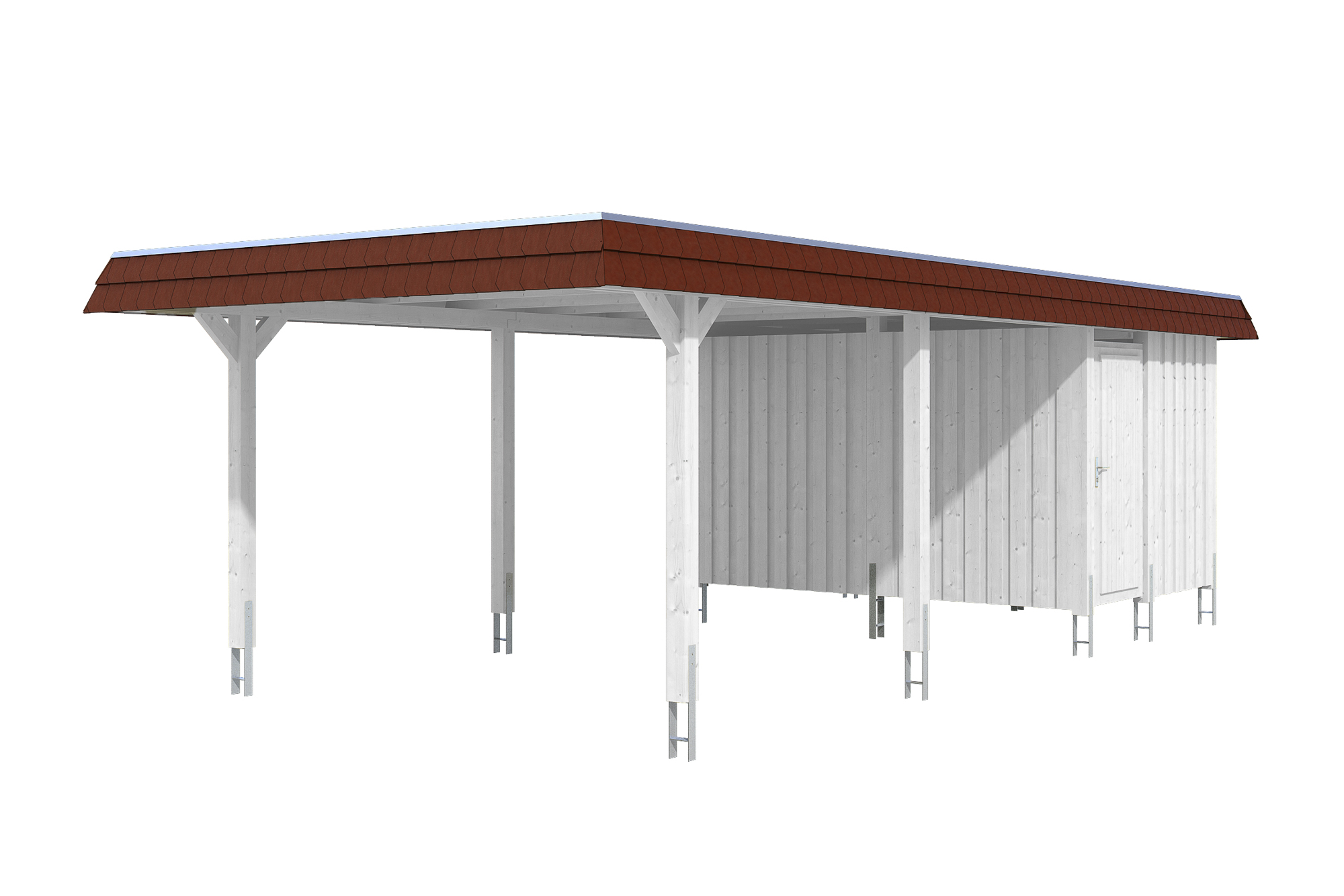 Produktbild: Carport Wendland 409 x 870 cm, mit Abstellraum, mit roter Blende, farblich behandelt in weiß