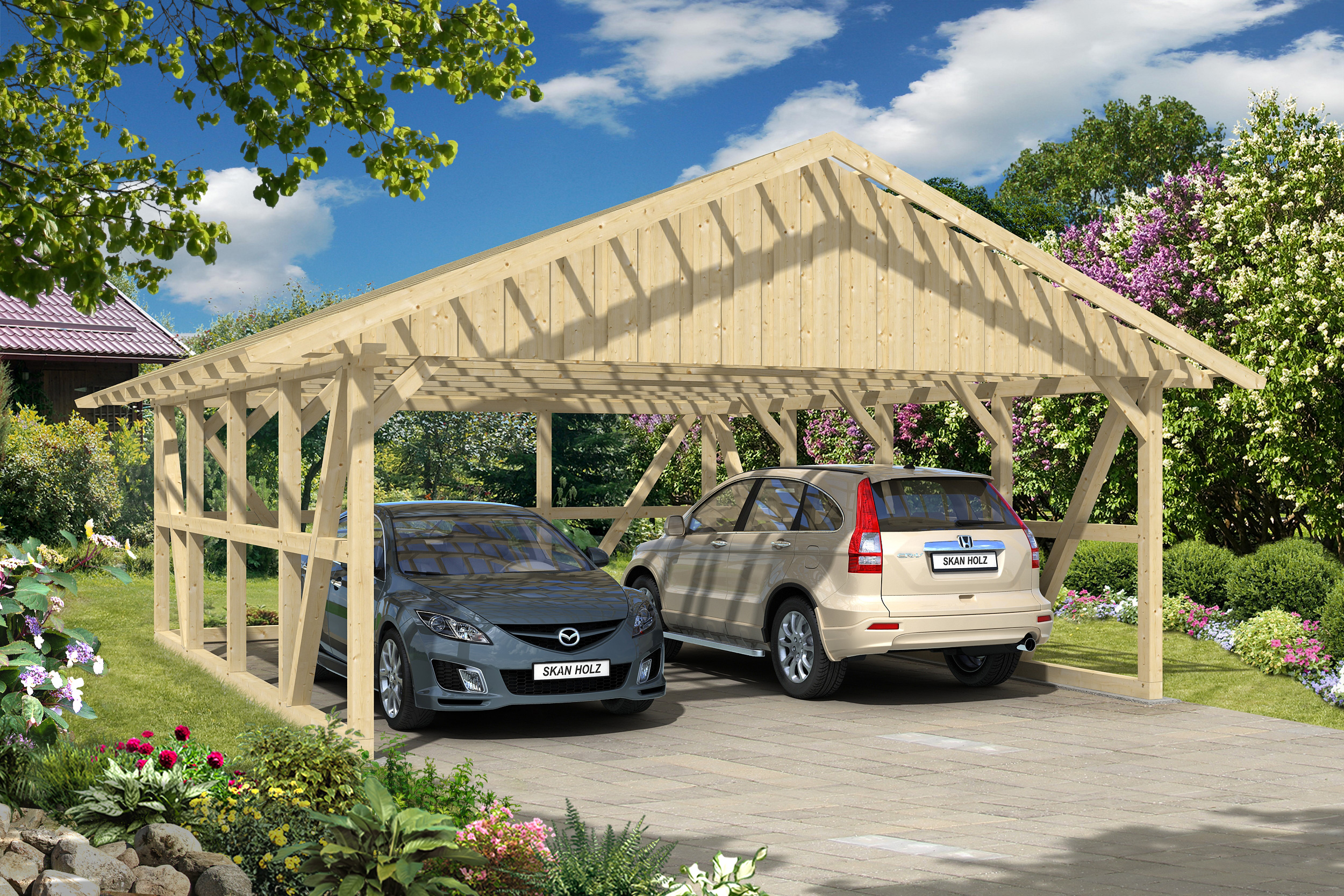 Carport SCHWARZWALD 684x772cm avec paroi arriere, lattis, KVH-bois d'épinette, non traité