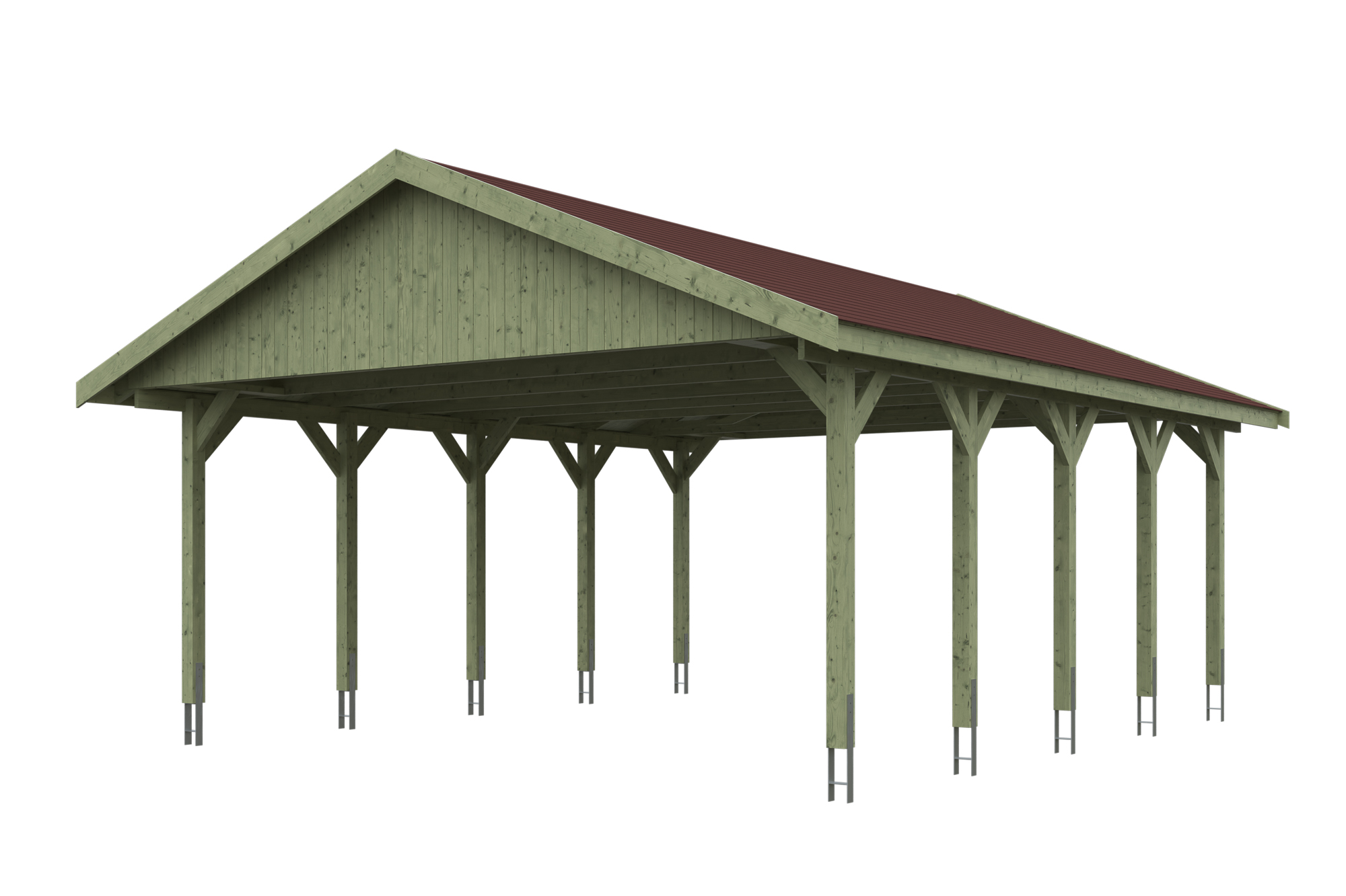 Produktbild: Carport Wallgau 620 x 750 cm, mit roten Dachschindeln, grün imprägniert
