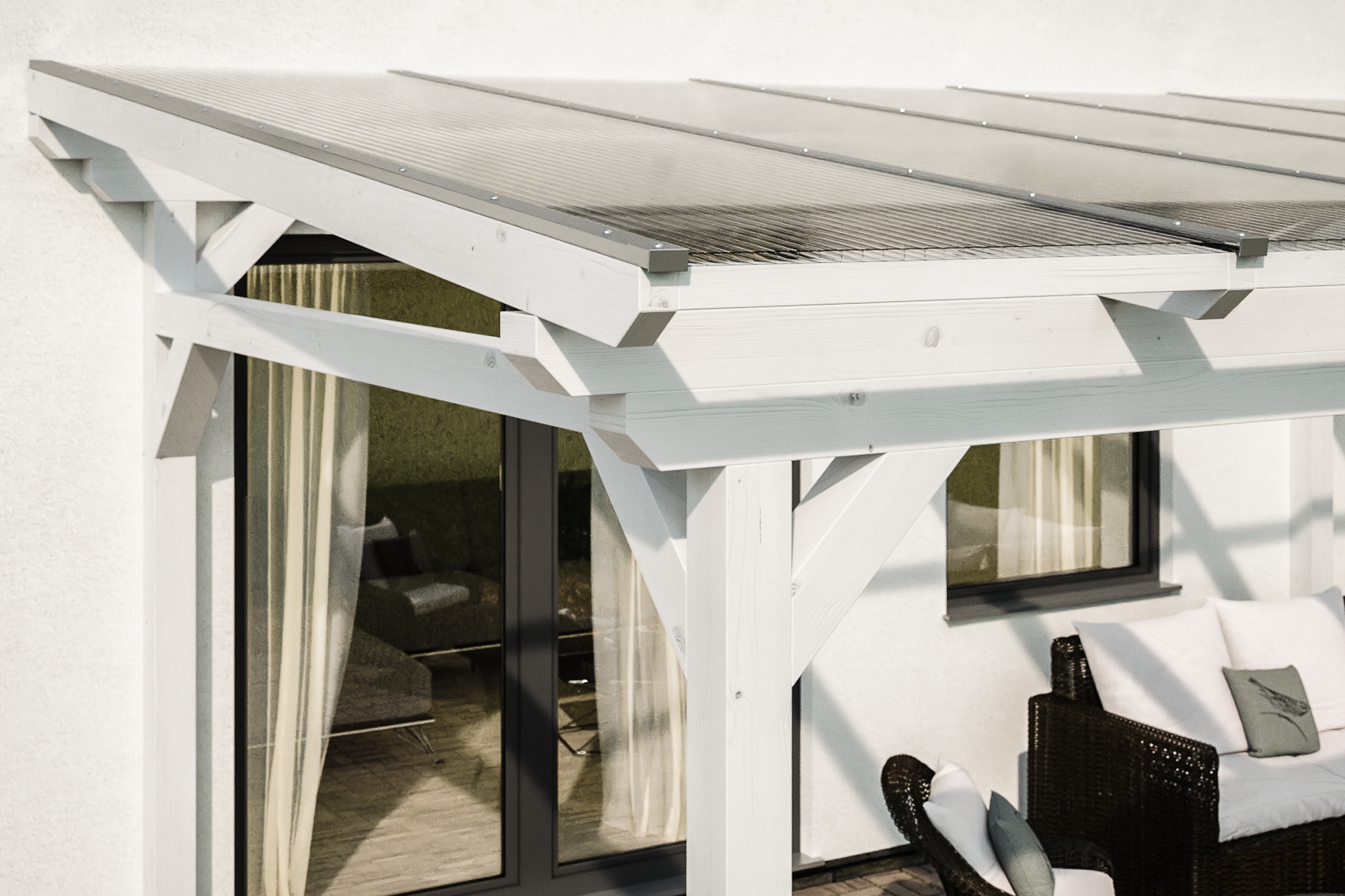 Detailbild einer Terrassenüberdachung Sanremo farblich behandelt in weiß mit Blick seitlich auf das Dach