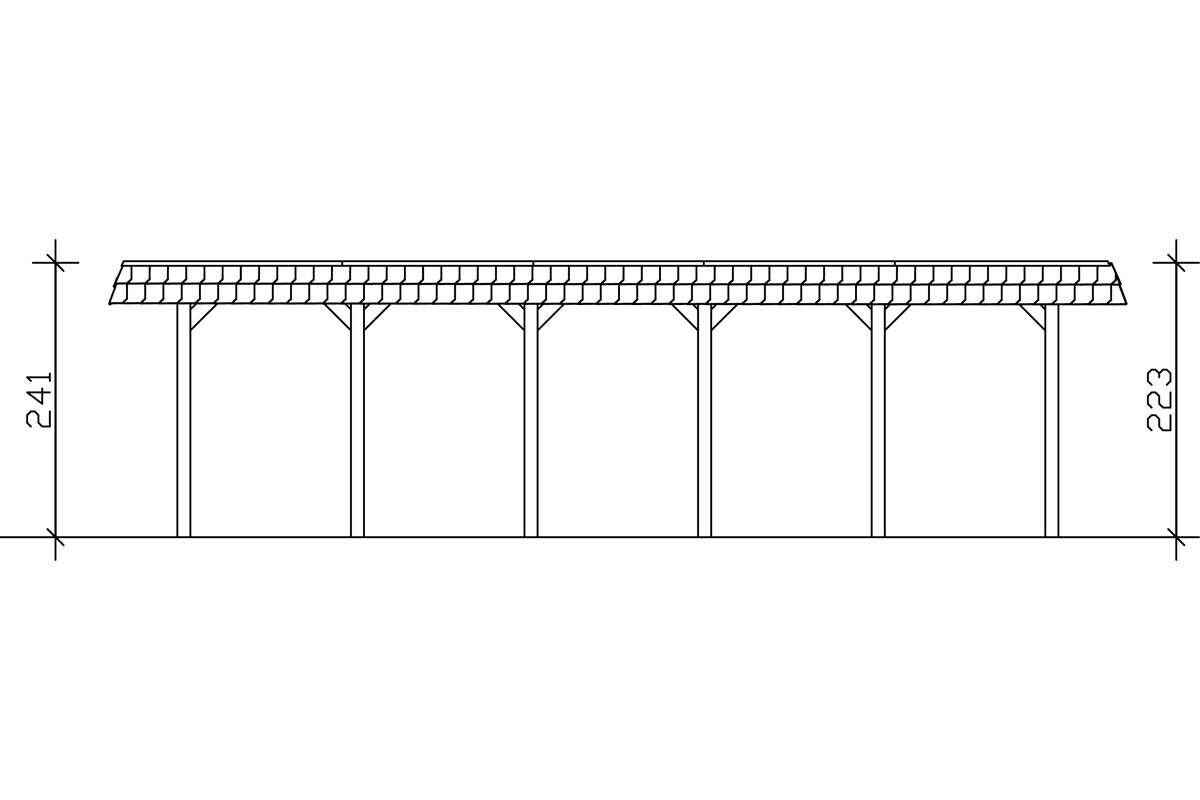 Carport SPREEWALD 345x893cm, toit en aluminium, bandeau rouge, bois résineux imprégné, traitement coloré noyer