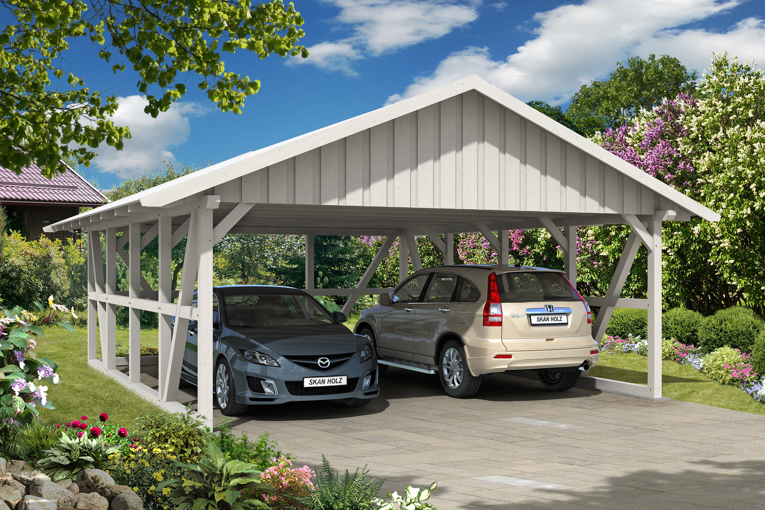 Carport SCHWARZWALD 684x772cm avec paroi arriere, planches de toit, KVH-bois d'épinette, traitement coloré blanc