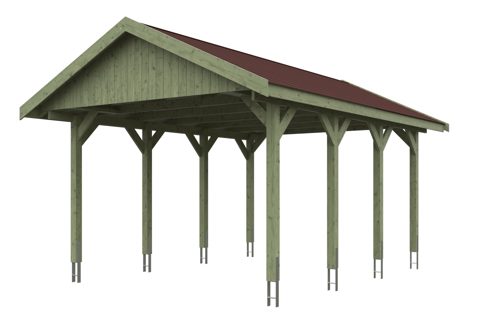 Produktbild: Carport Wallgau 430 x 600 cm, mit roten Dachschindeln, grün imprägniert