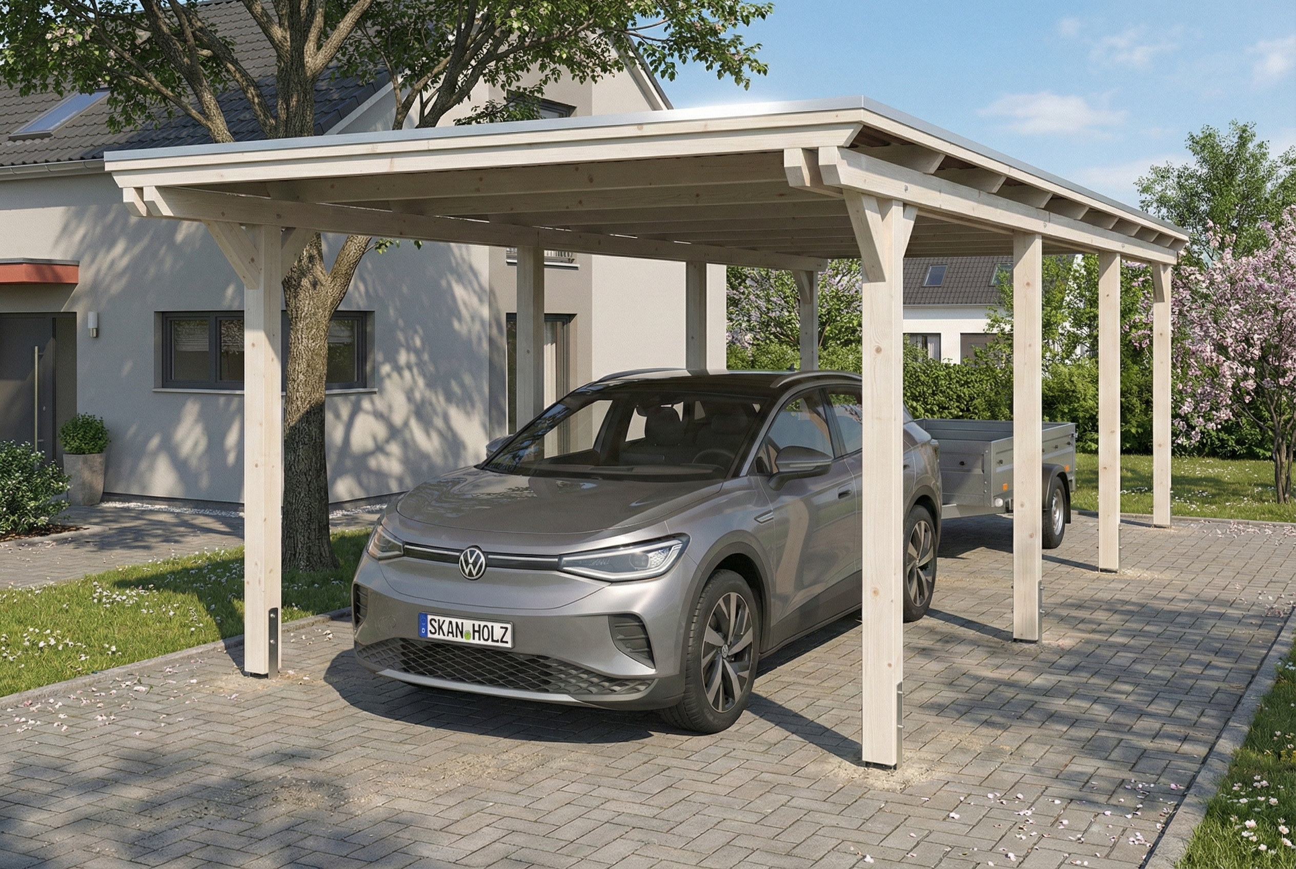 Carport Emsland 340 x 846 cm, panneaux de toit en acier avec voile de condensation antique, blanc