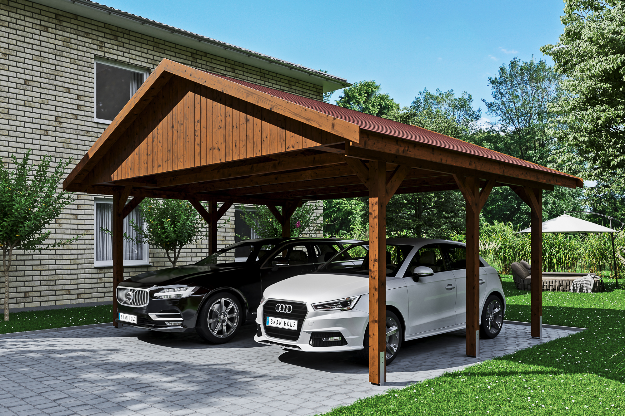 Carport Wallgau 620 x 500 cm, gelakt in noten, inclusief rode dakshingels
