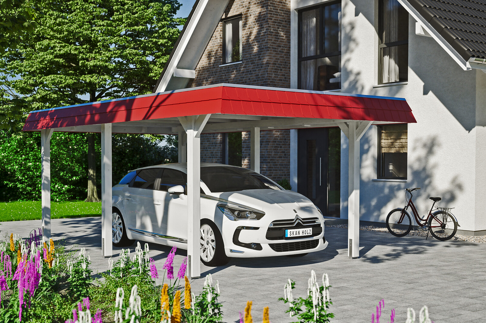 Carport Wendland 362 x 628 cm mit EPDM-Dach, rote Blende, weiß
