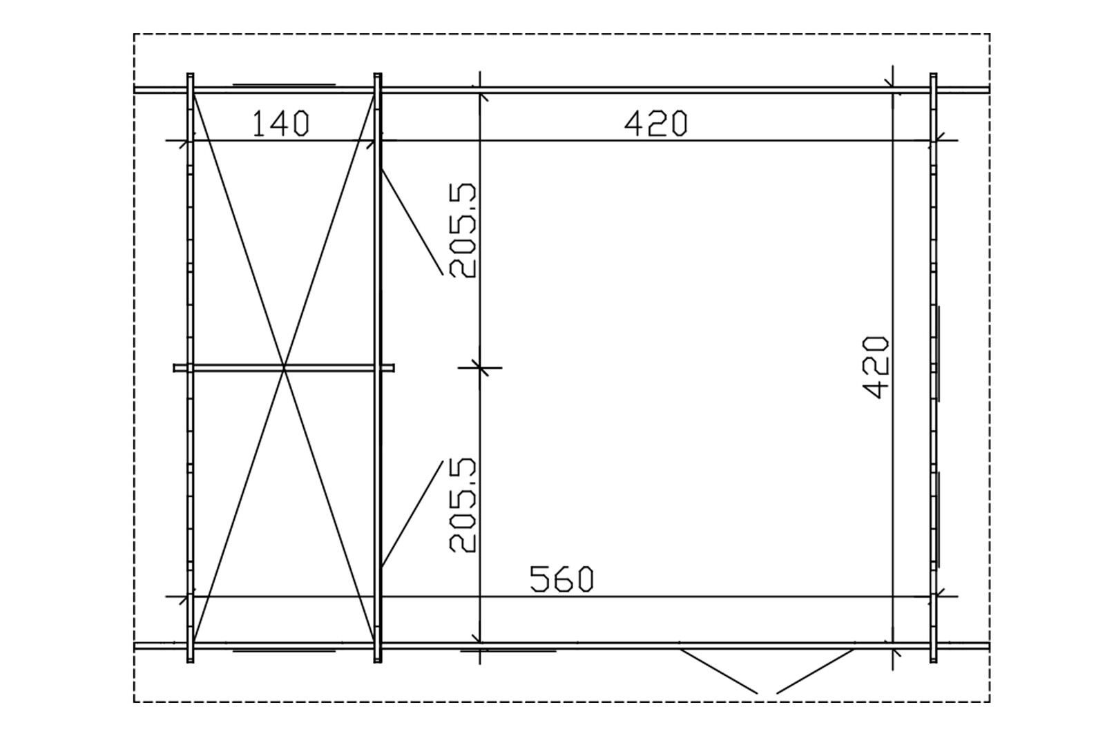 Tuinhuis Bern 2, 45plus 420 x 560 cm, basishuis met 2e laag dakbeschot, onbehandeld