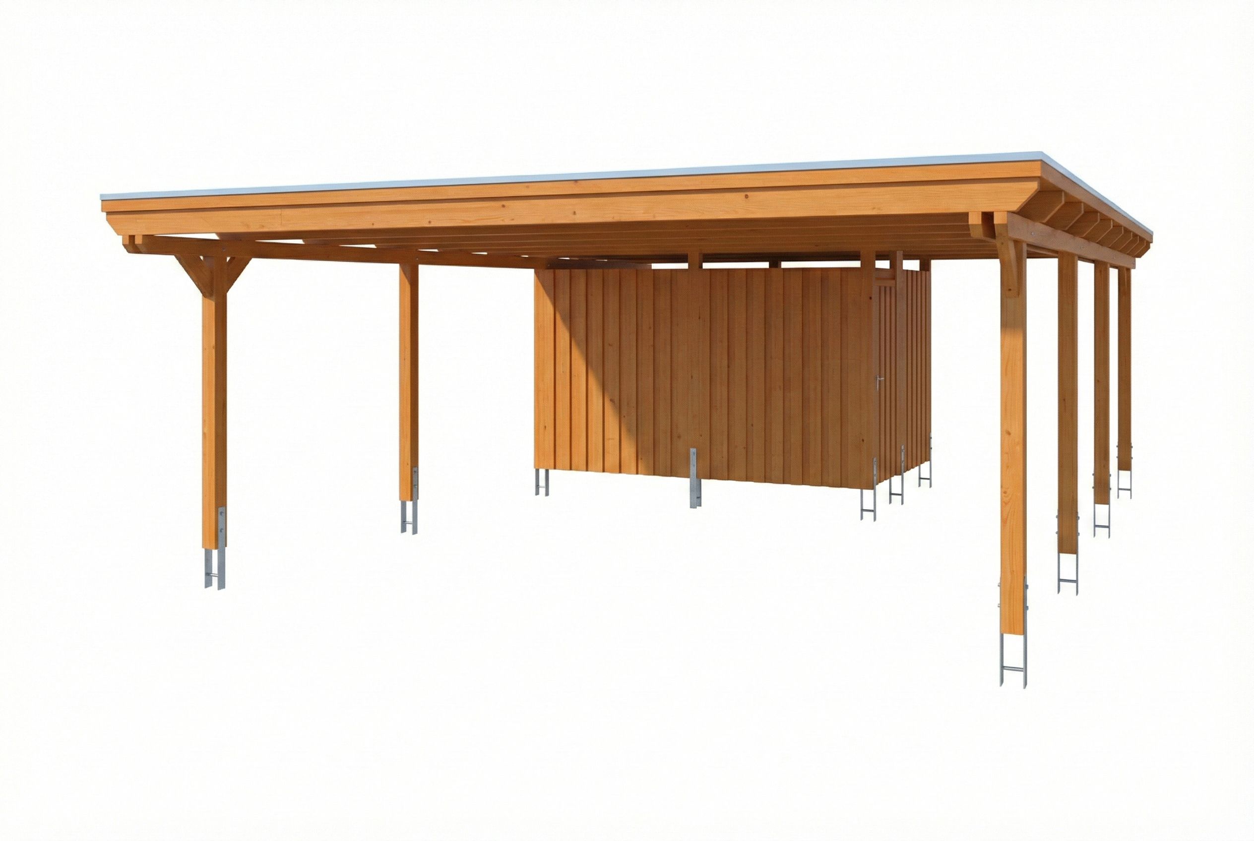 Carport Emsland 609 x 846 cm, Stahl-Dachplatten mit Antikondensvlies, mit Abstellraum, eiche hell