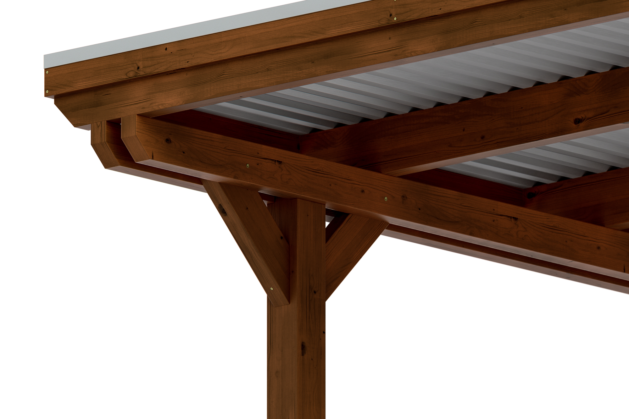 Detailbild: Konstruktion beim Carport Emsland von unten (Pfosten, Doppelpfette, Dachplatten und Blende mit Aluminiumabschlusskante), farblich behandelt in nussbaum