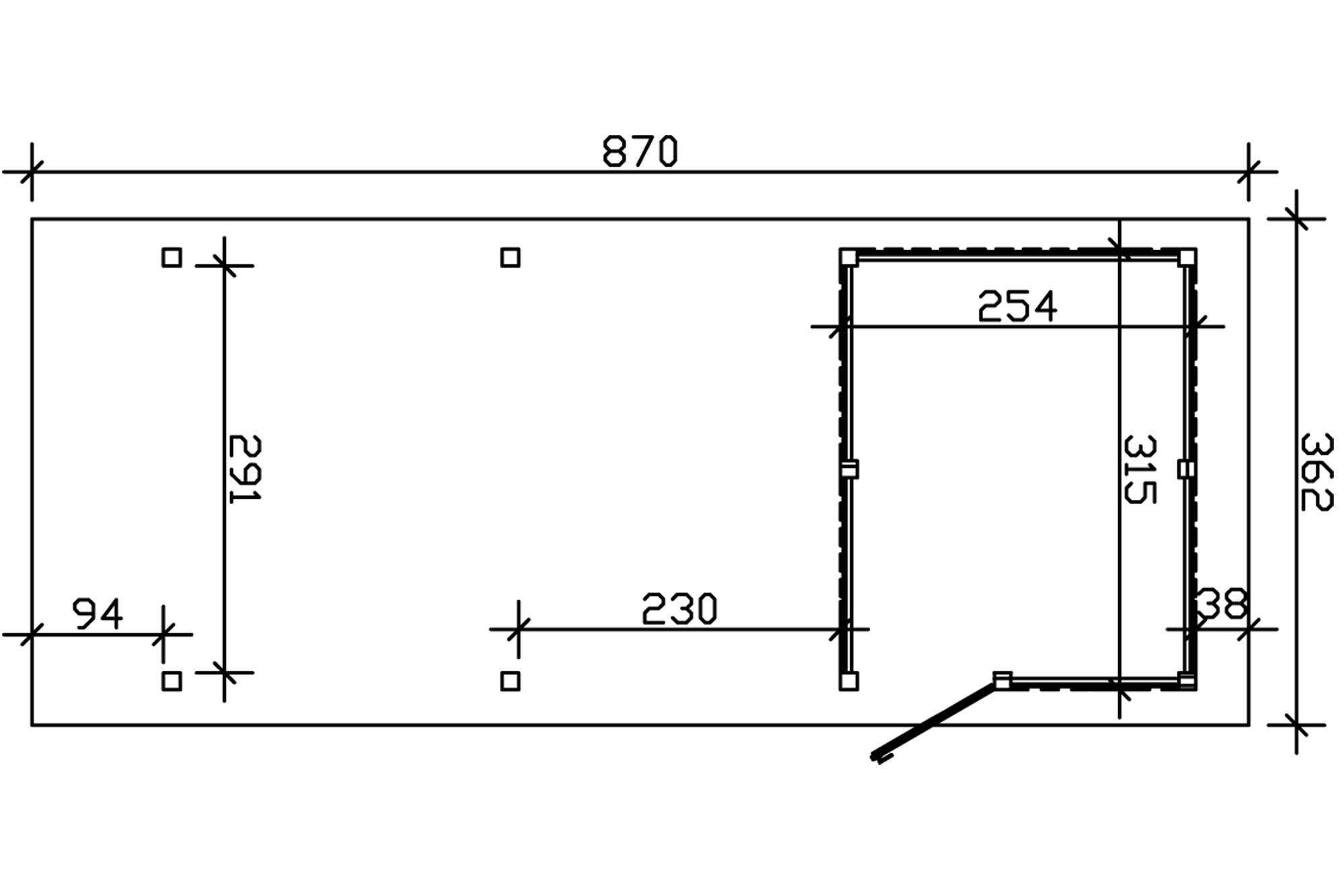 Grafik (Grundriss): Carport Wendland 362 x 870 cm mit Abstellraum