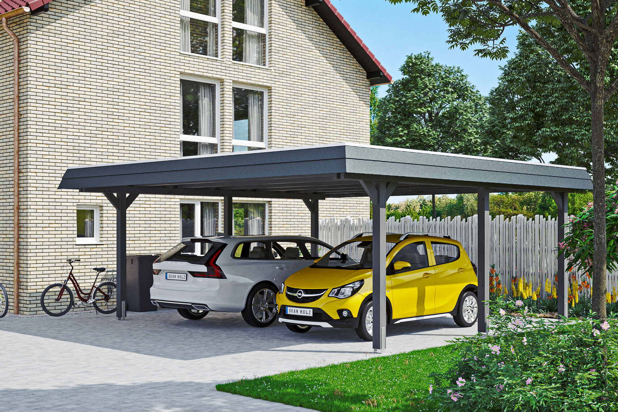 Ambientebild: Carport Wendland 630 x 637 cm, mit schwarzer Blende, farblich behandelt in schiefergrau