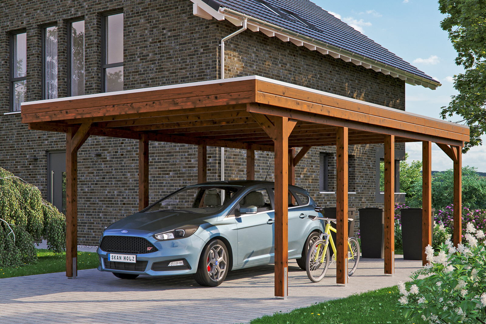 Carport Friesland 397 x 708 cm, gelakt in noten, met Aluminium dakplaten