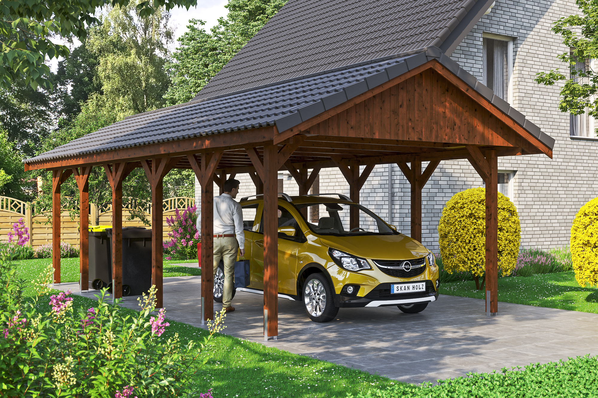 Ambientebild: Carport Wallgau 430 x 900 cm, mit Dachziegeln, farblich behandelt in nussbaum