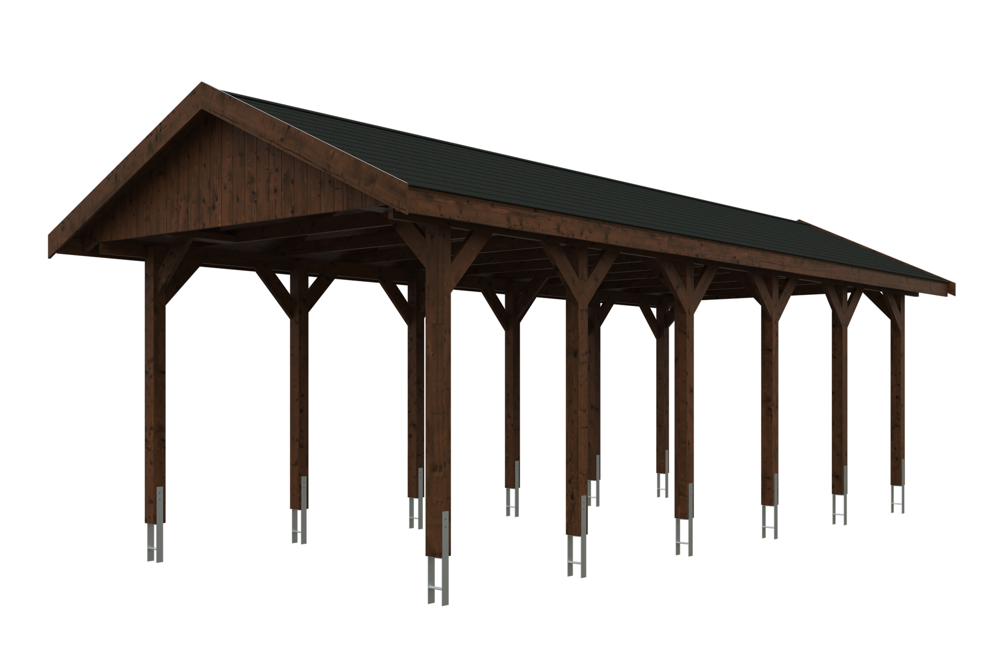Produktbild: Carport Wallgau 380 x 900 cm, mit schwarzen Dachschindeln, farblich behandelt in nussbaum