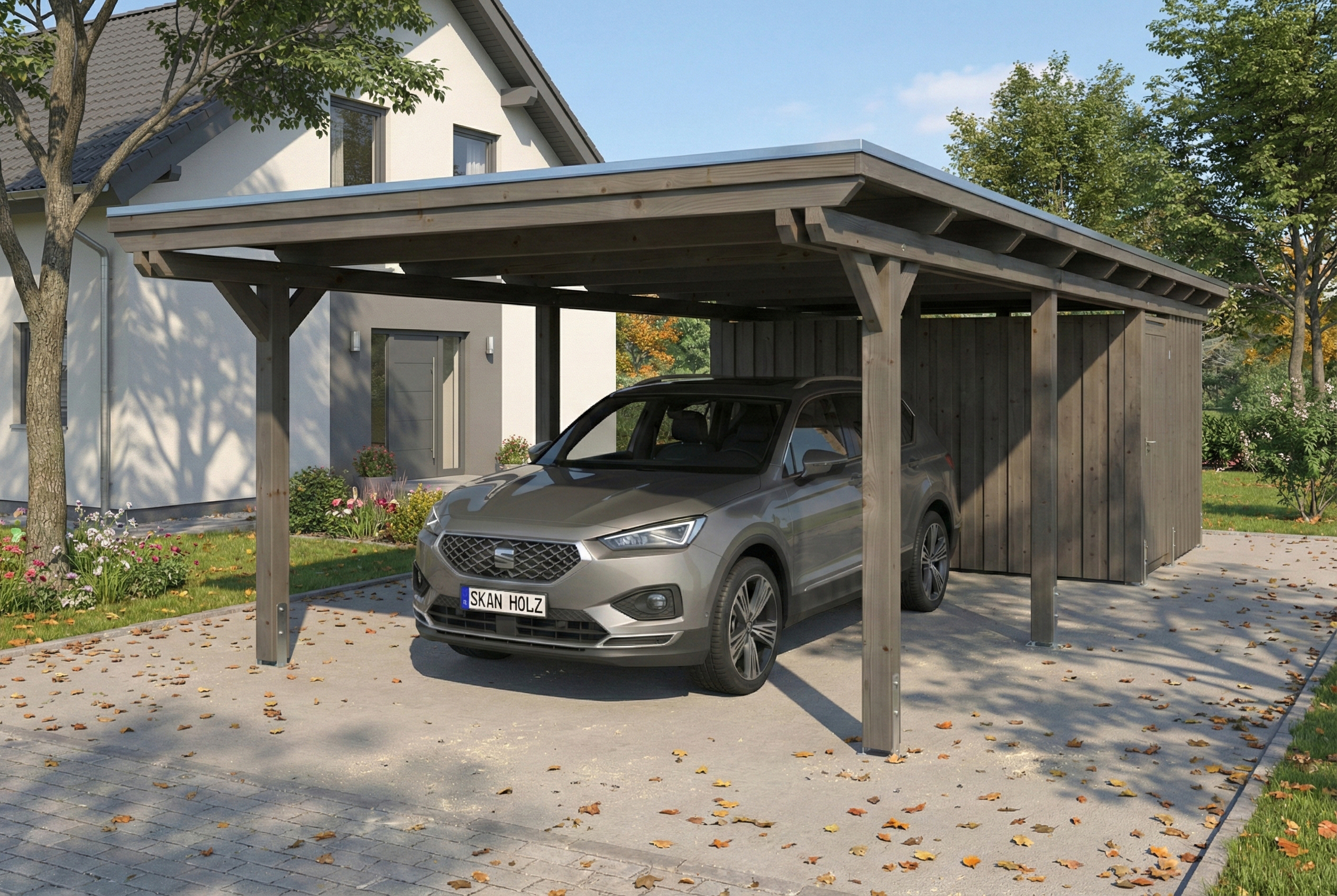 Carport Emsland 402 x 846 cm met EPDM dak, met bergruimte, leigrijs