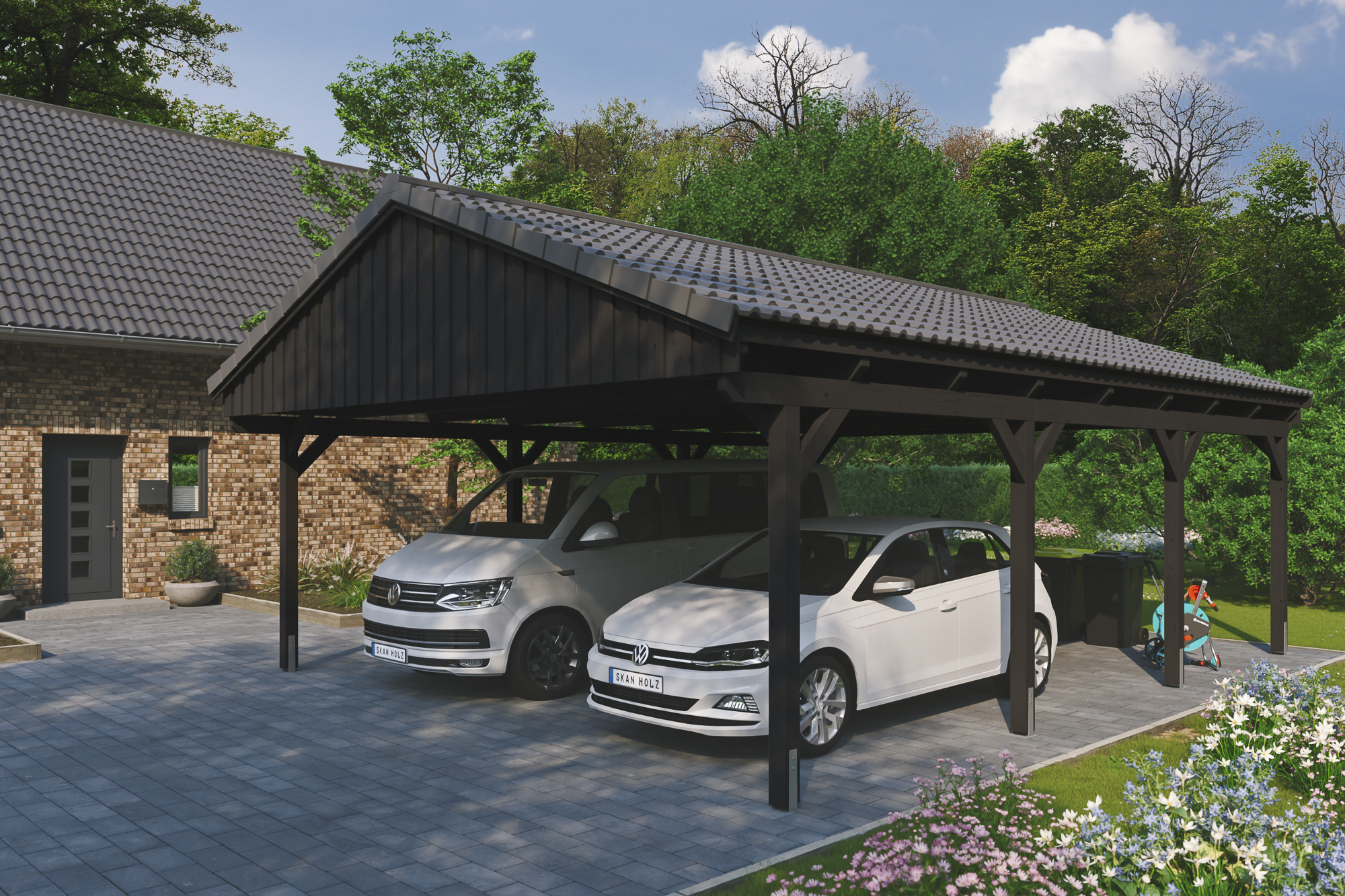 Ambientebild: Carport Fichtelberg 618 x 808 cm, farblich behandelt in anthrazit, mit Dachziegeln