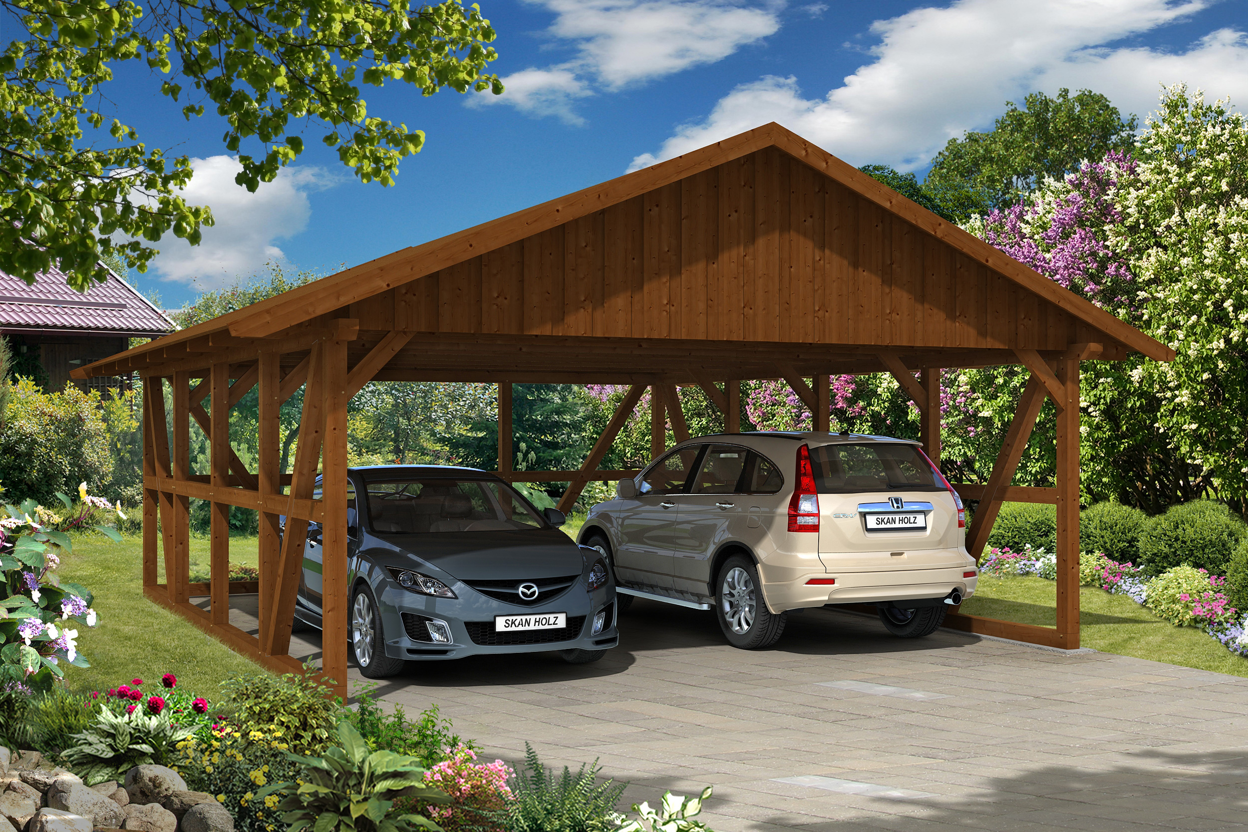 Carport Schwarzwald 684 x 772 cm mit Rückwand, nussbaum, mit Dachschalung