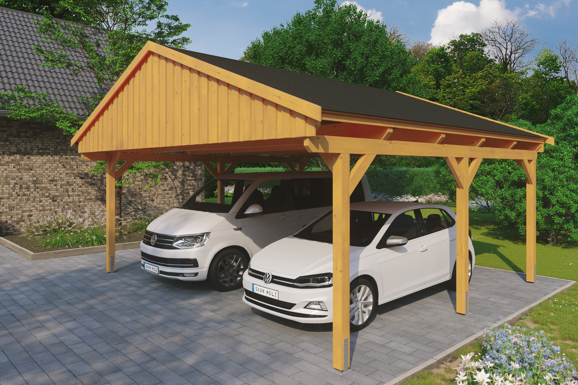 Ambientebild: Carport Fichtelberg 618 x 566 cm, farblich behandelt in eiche hell, mit schwarzen Dachschindeln